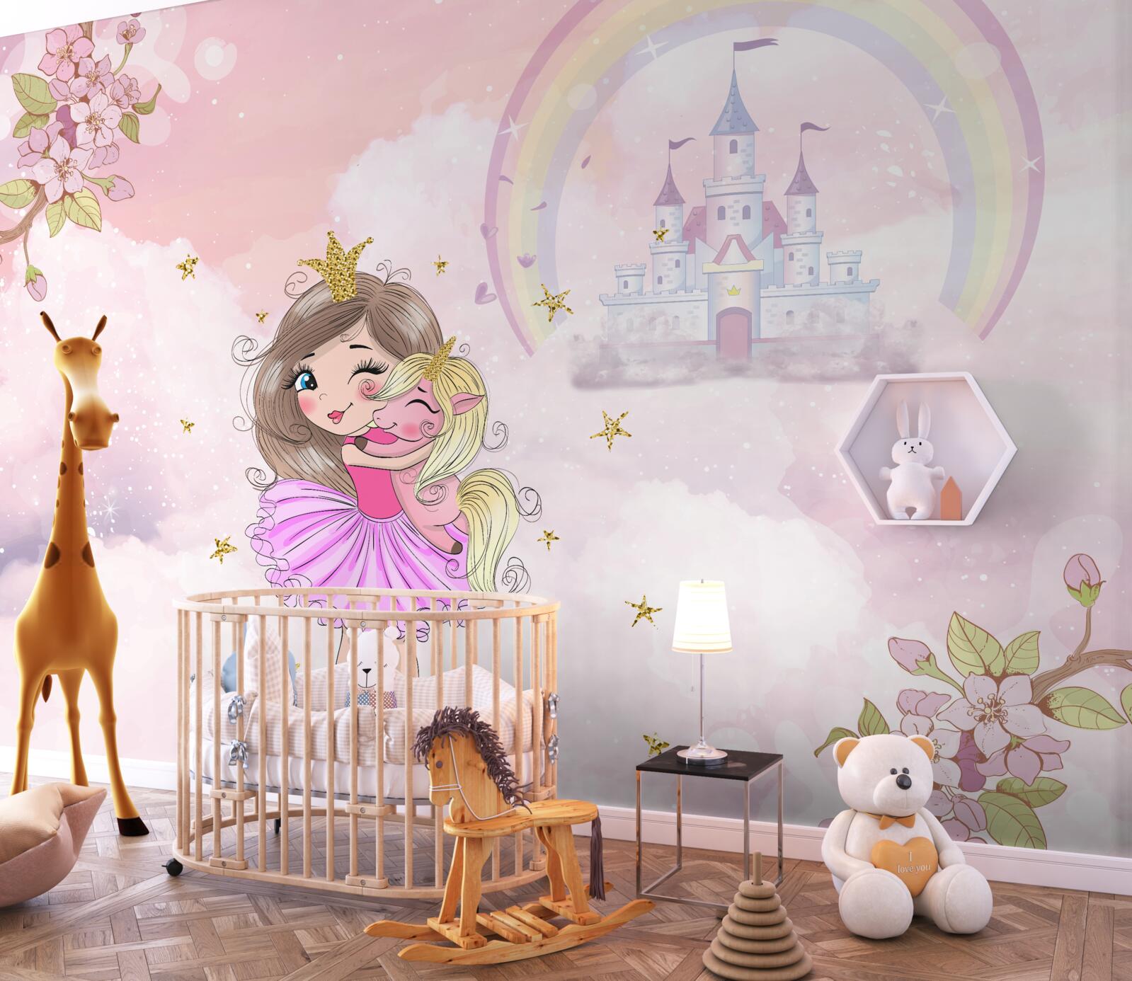 Fotobehang bij het kasteel is een fee en haar eenhoornvriendin