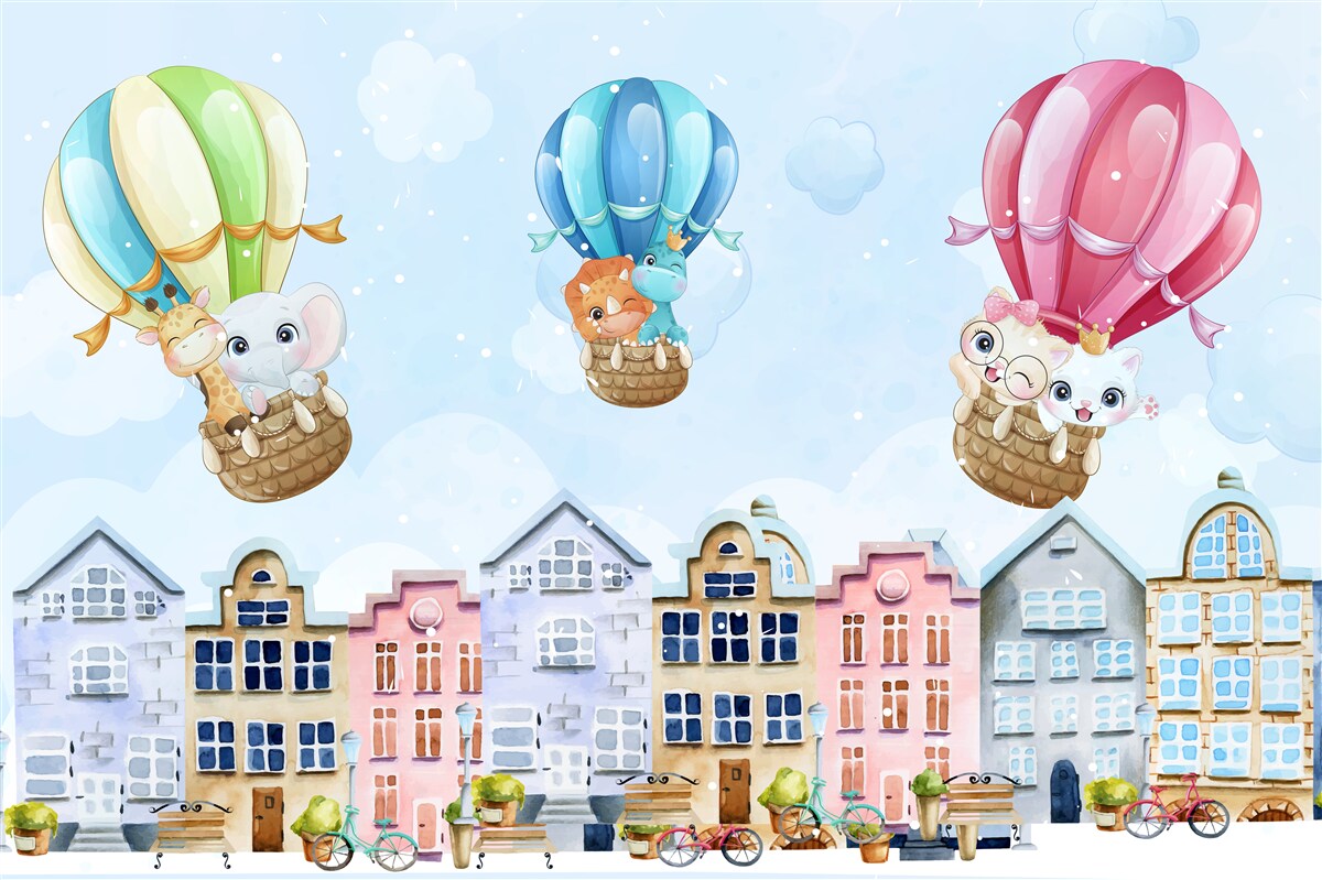 Fotobehang dieren vliegen over de stad, balancerend op ballen