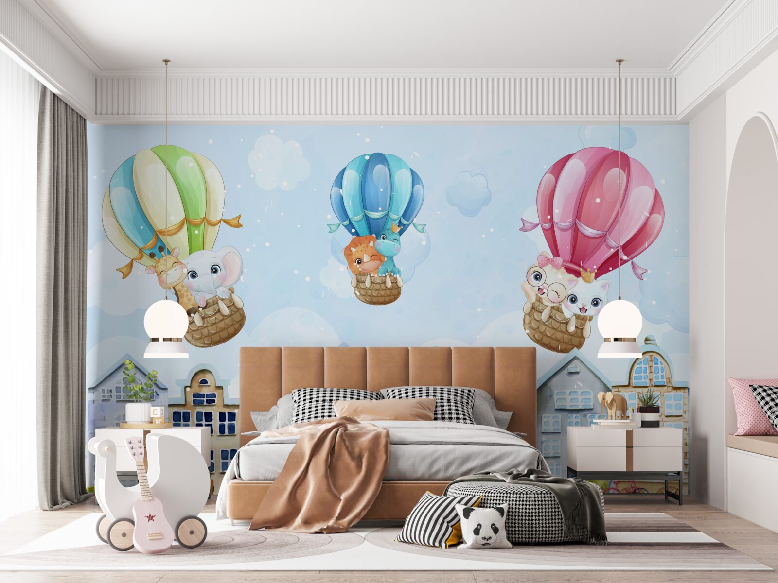 Fotobehang dieren vliegen over de stad, balancerend op ballen