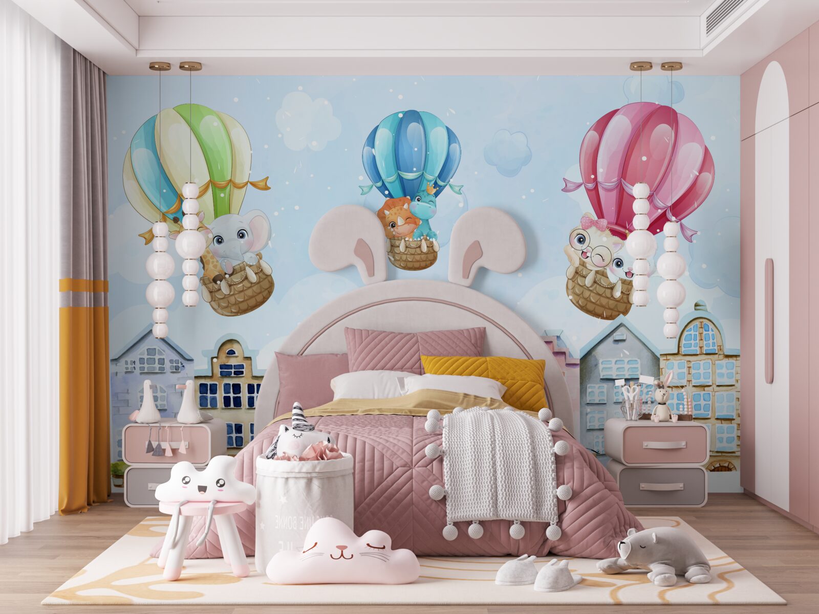 Fotobehang dieren vliegen over de stad, balancerend op ballen