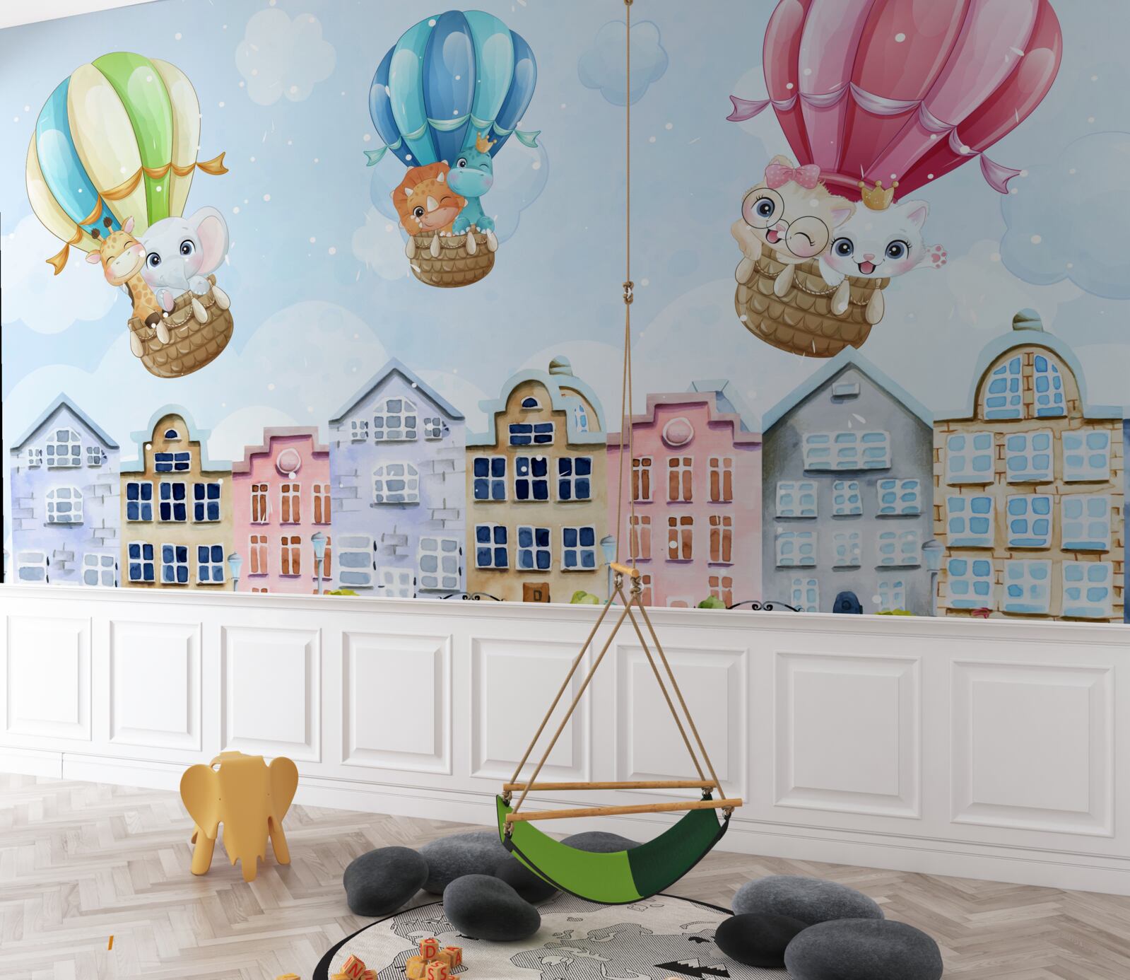 Fotobehang dieren vliegen over de stad, balancerend op ballen