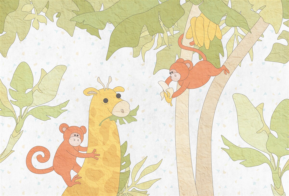 Fotobehang Giraffe wordt gevoed door apen