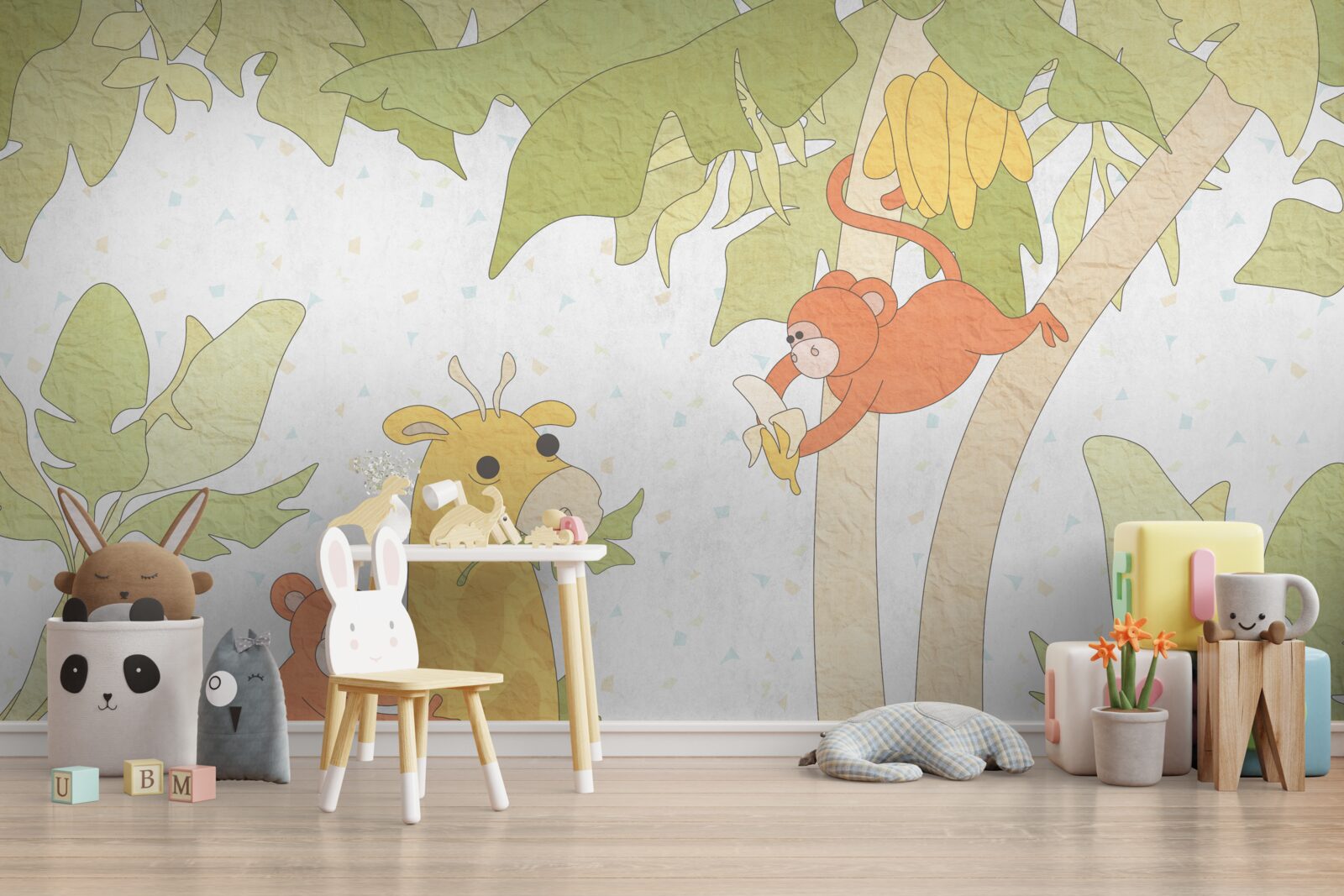 Fotobehang Giraffe wordt gevoed door apen