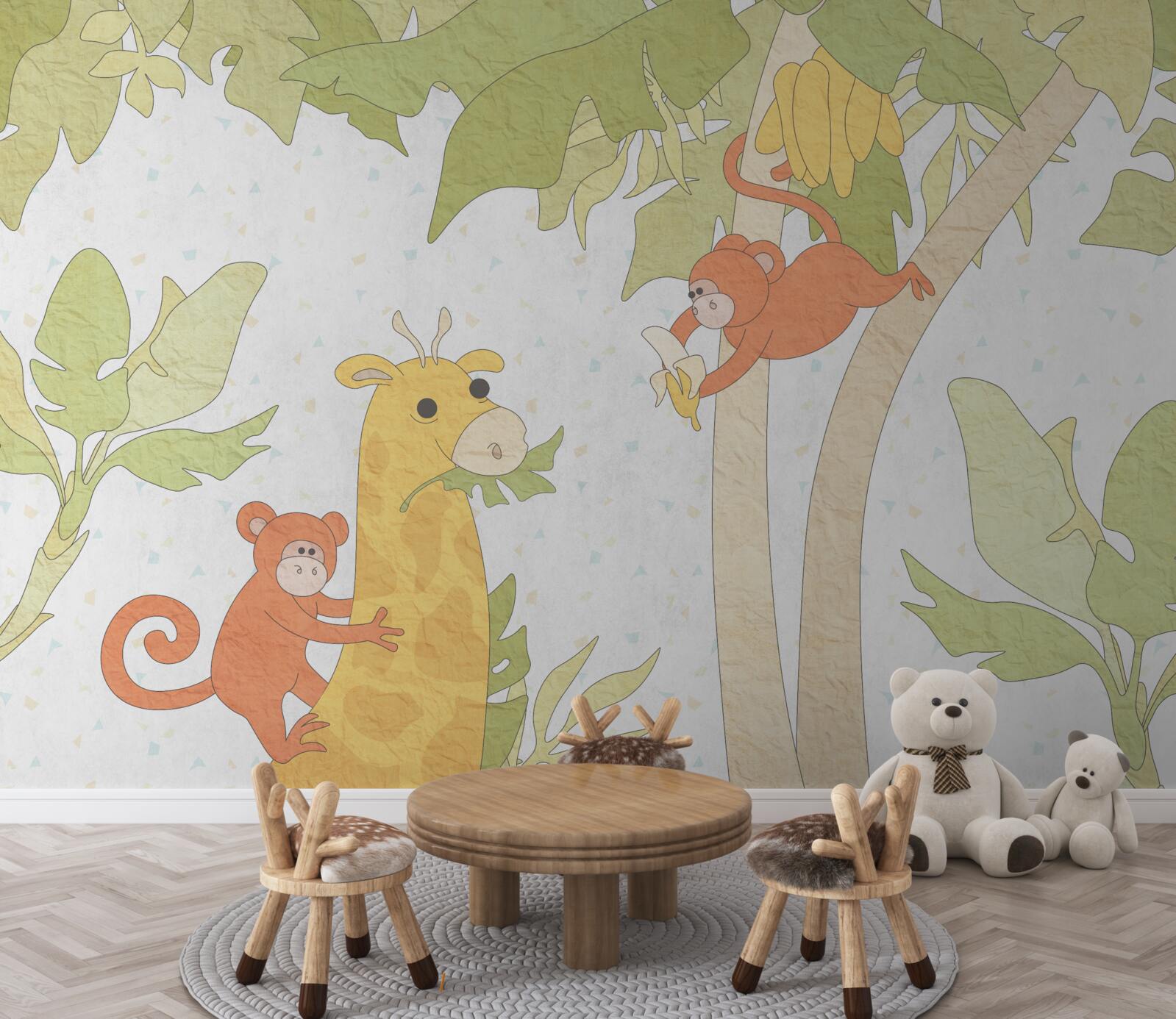 Fotobehang Giraffe wordt gevoed door apen