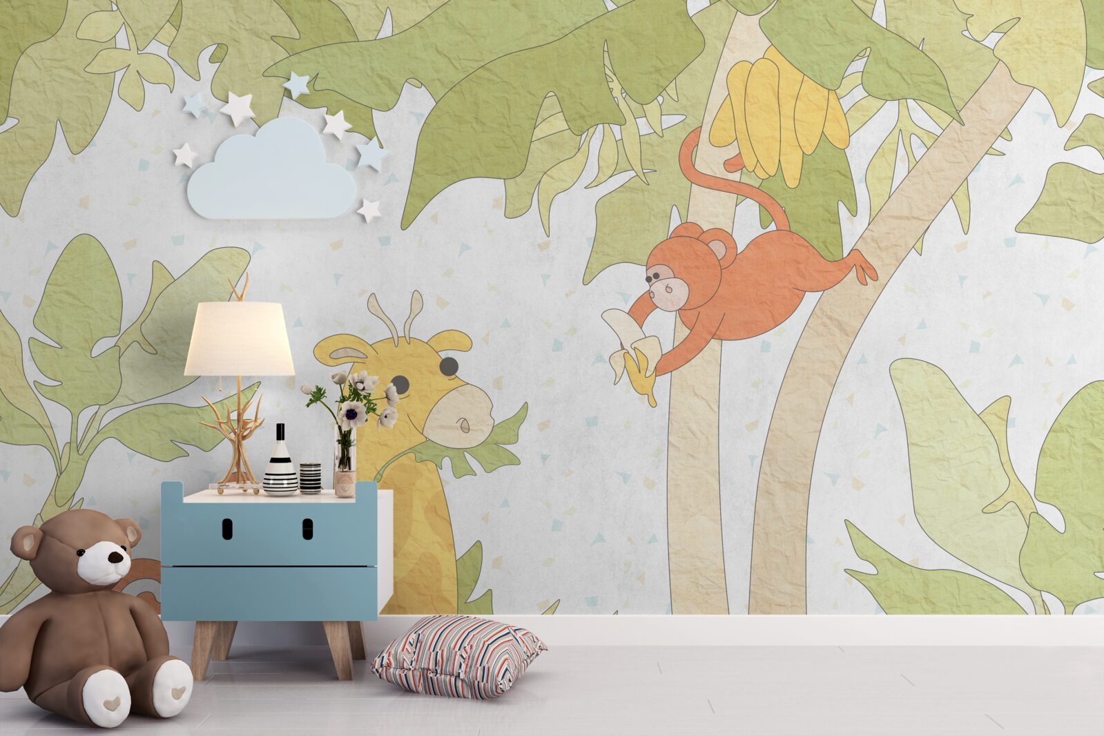 Fotobehang Giraffe wordt gevoed door apen