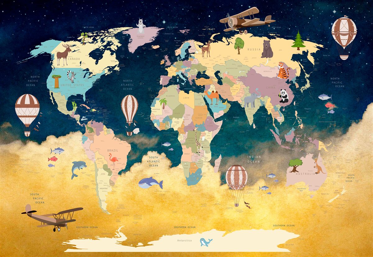 Fotobehang wereldkaart in blauw en geel