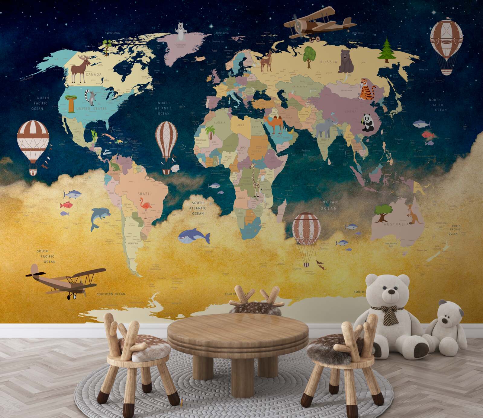 Fotobehang wereldkaart in blauw en geel