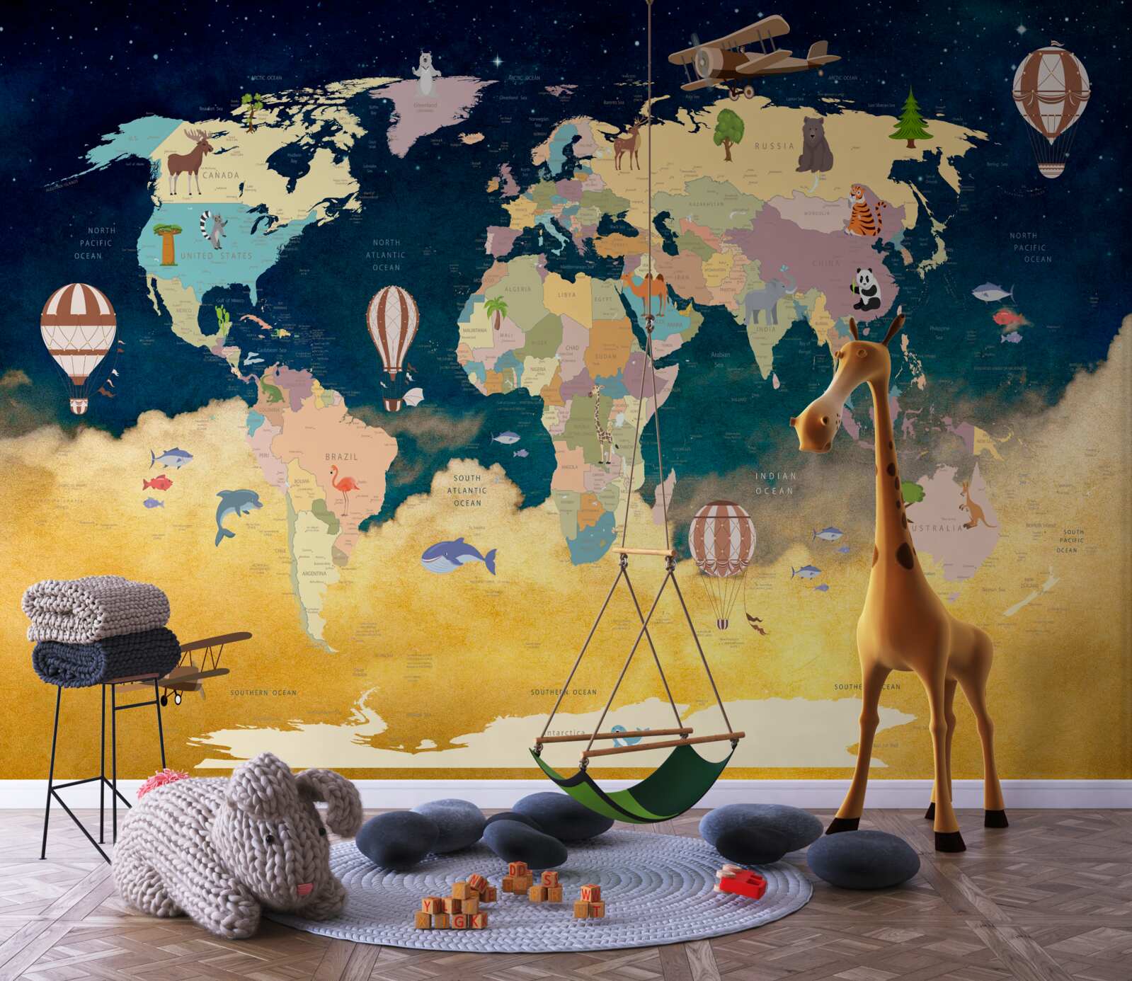 Fotobehang wereldkaart in blauw en geel