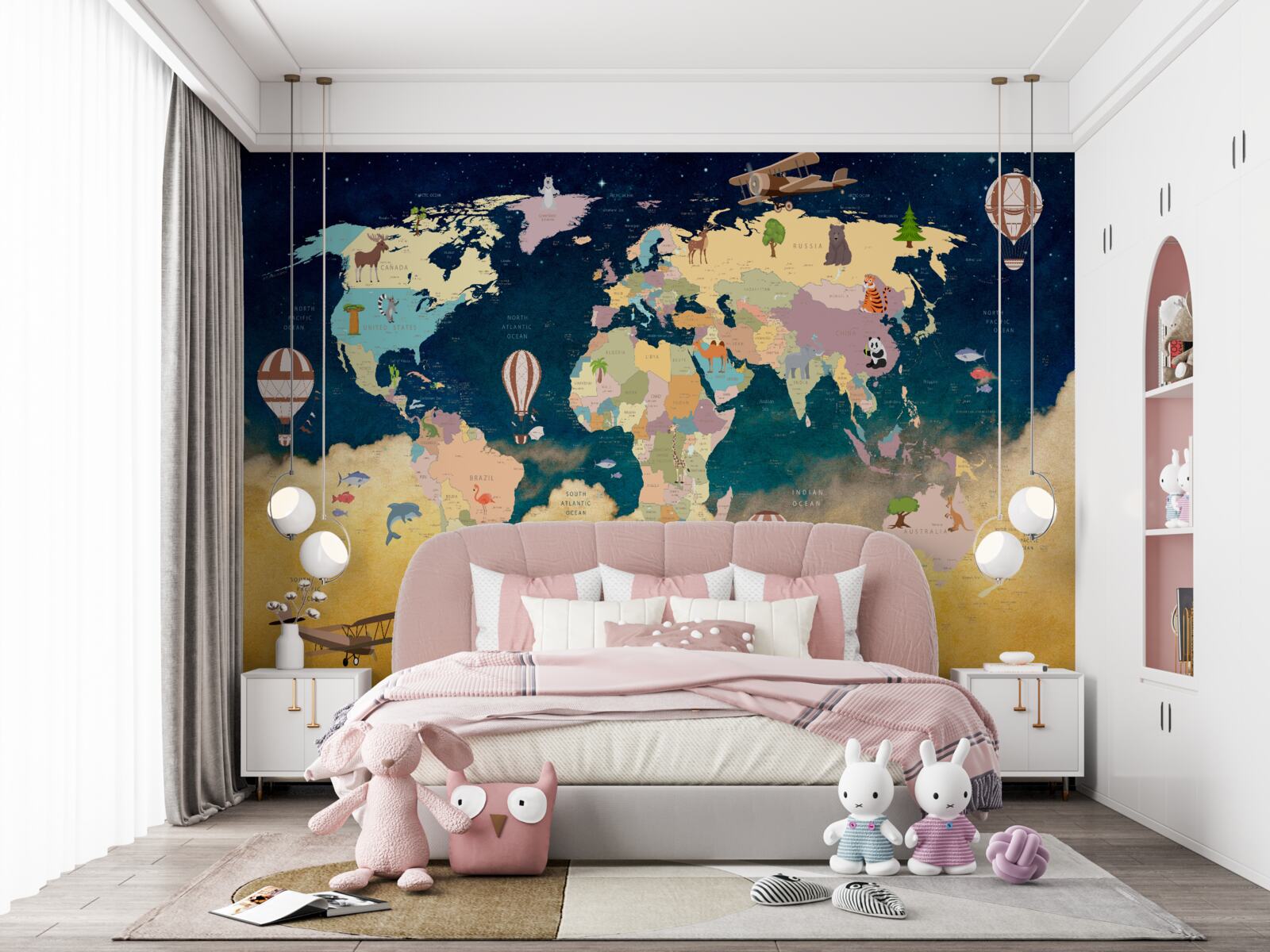 Fotobehang wereldkaart in blauw en geel