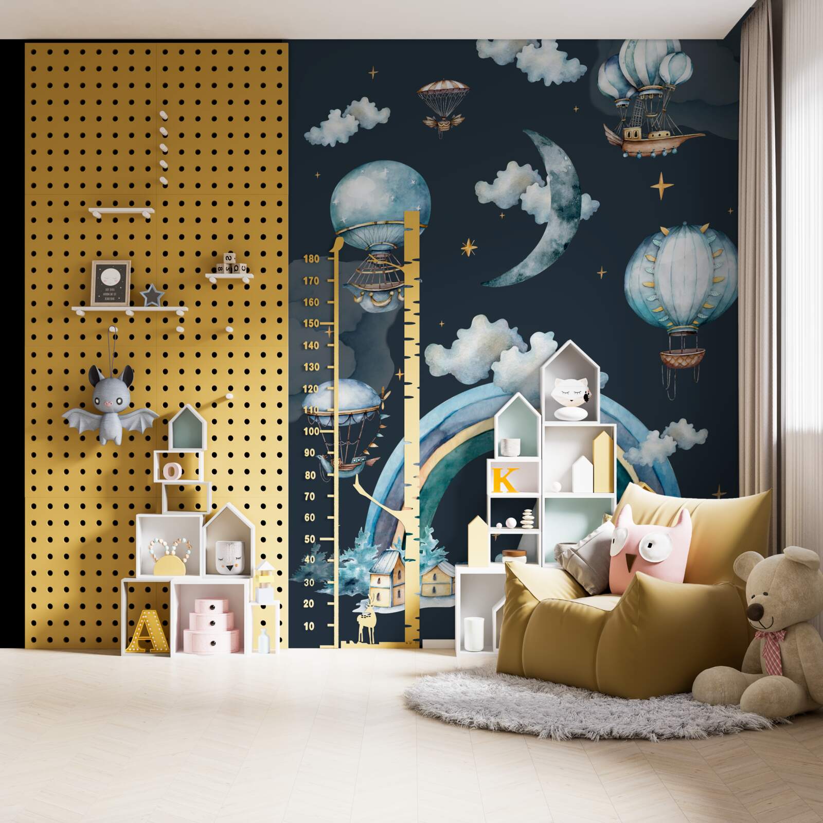 Fotobehang sprookjeshuis, gelegen aan de voet van de berg onder de regenboog