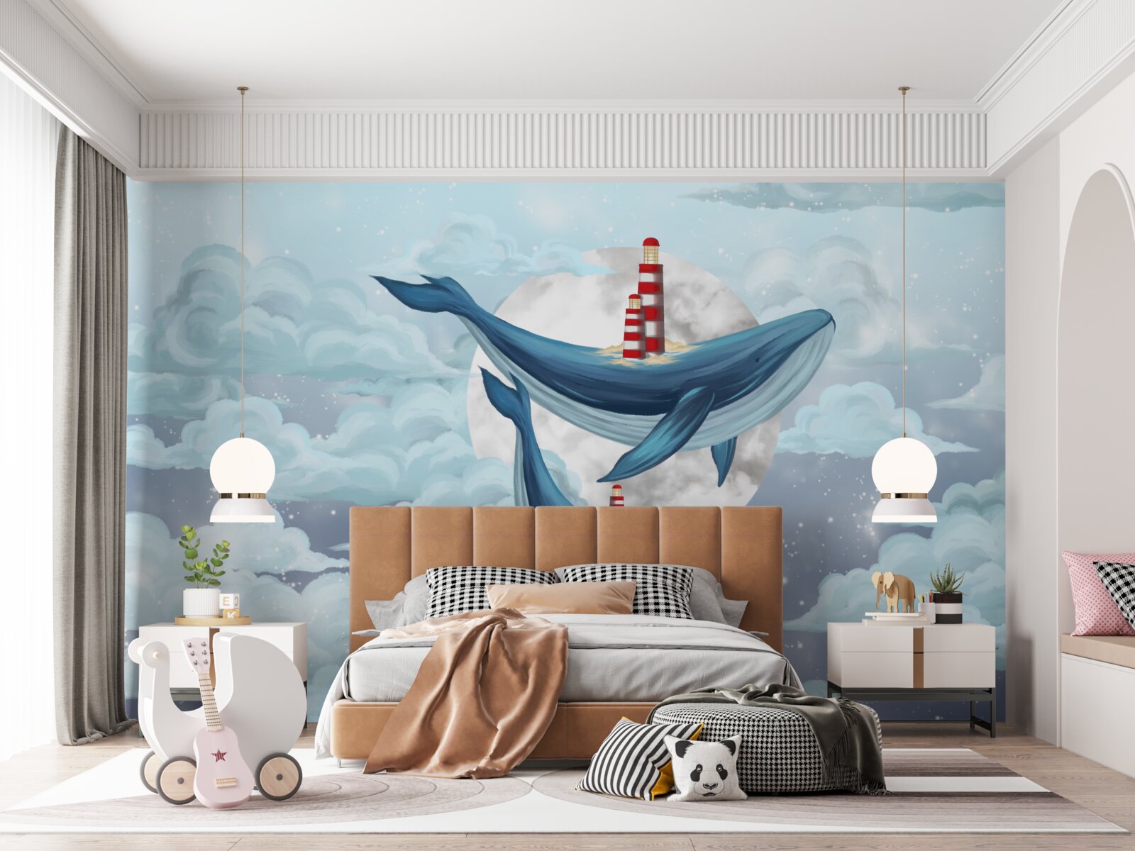 Fotobehang walvissen tegen een bewolkte maan