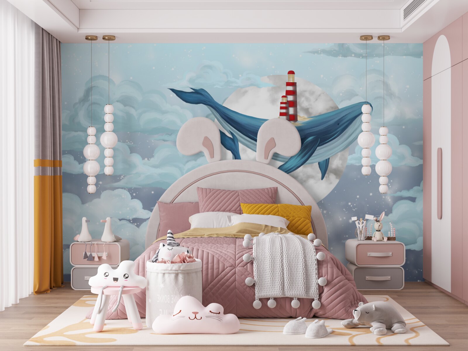 Fotobehang walvissen tegen een bewolkte maan