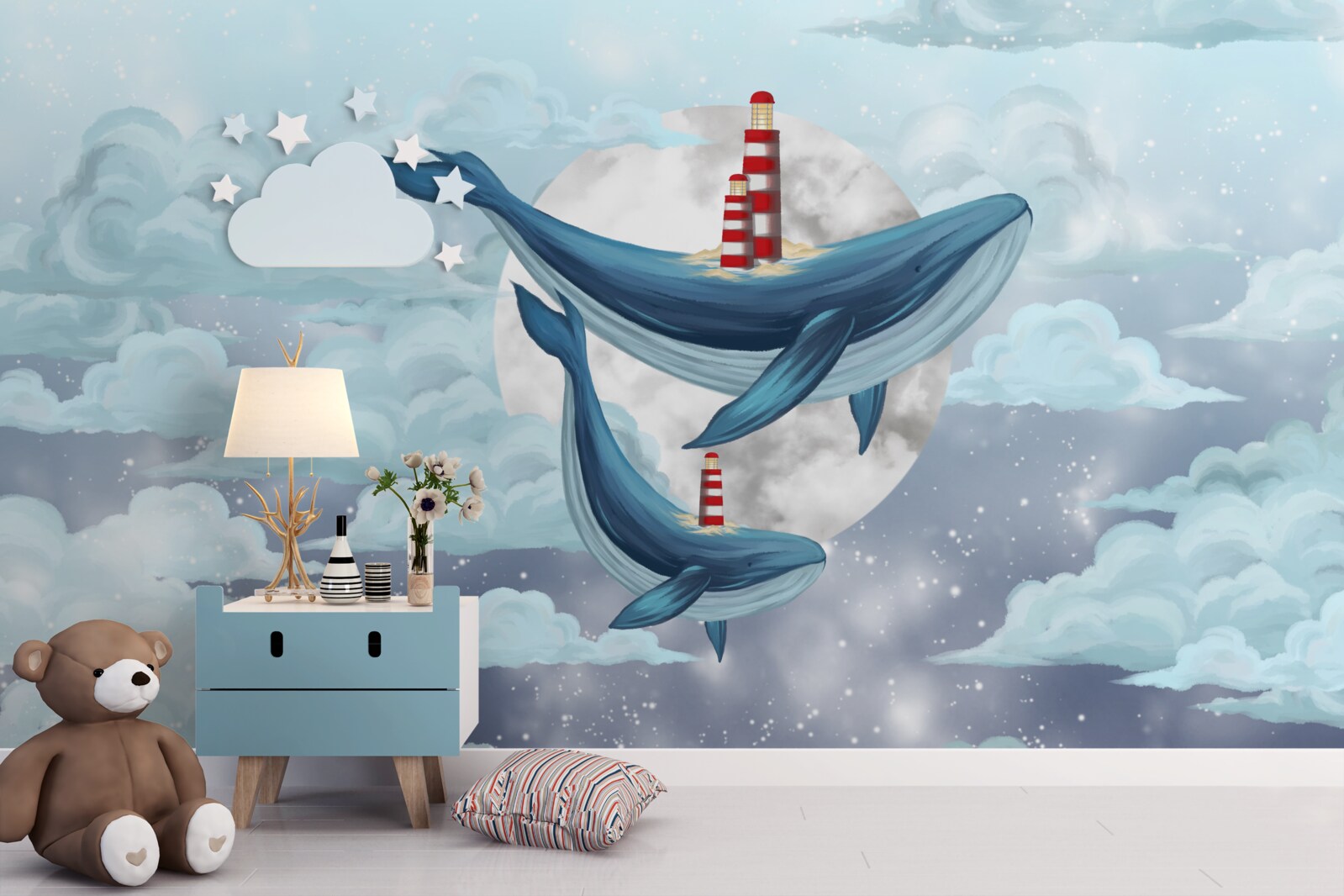 Fotobehang walvissen tegen een bewolkte maan