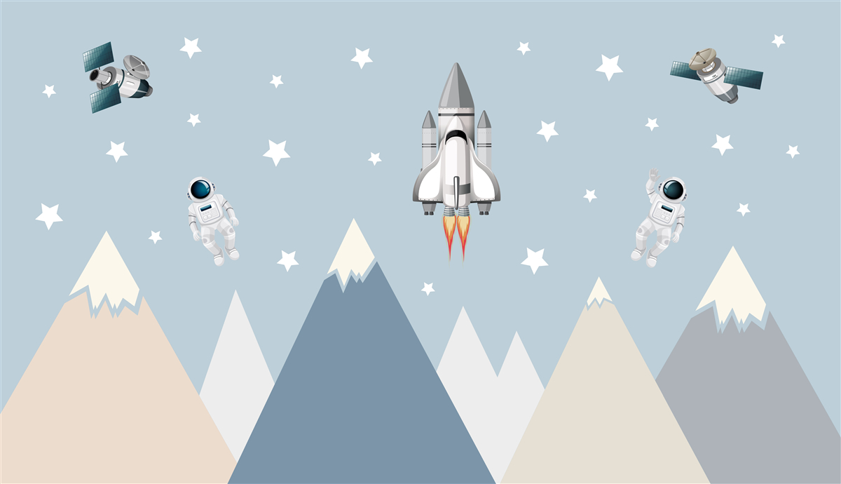 Fotobehang raketten en astronauten vlogen over de bergen