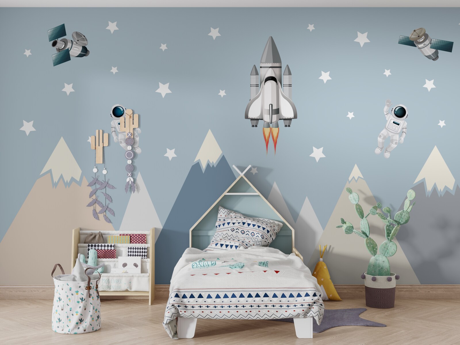 Fotobehang raketten en astronauten vlogen over de bergen