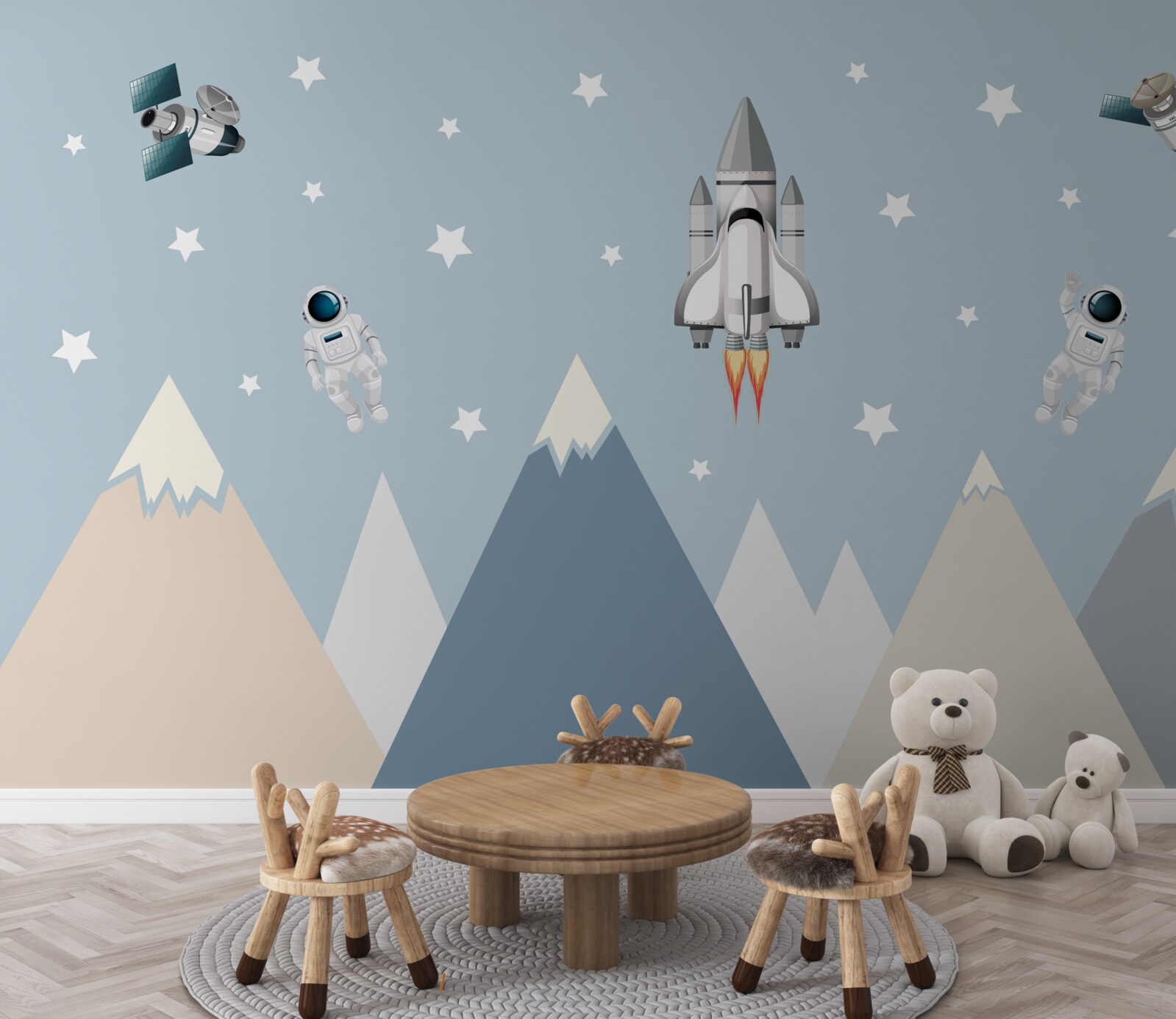 Fotobehang raketten en astronauten vlogen over de bergen