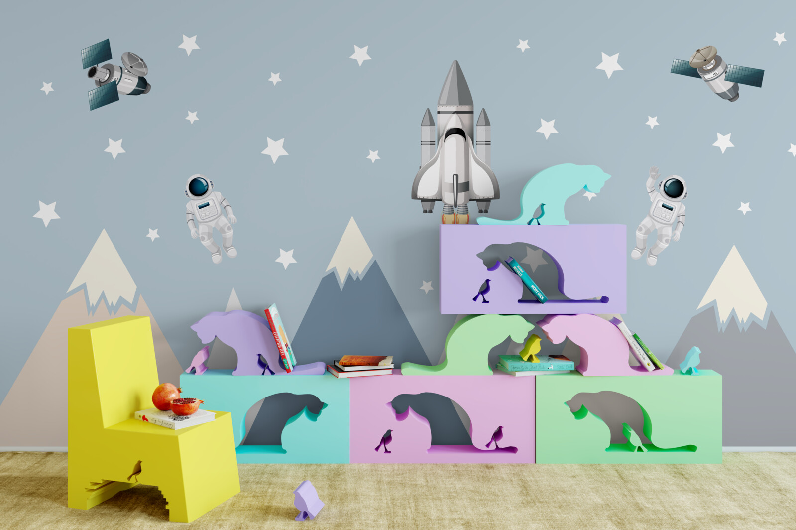 Fotobehang raketten en astronauten vlogen over de bergen