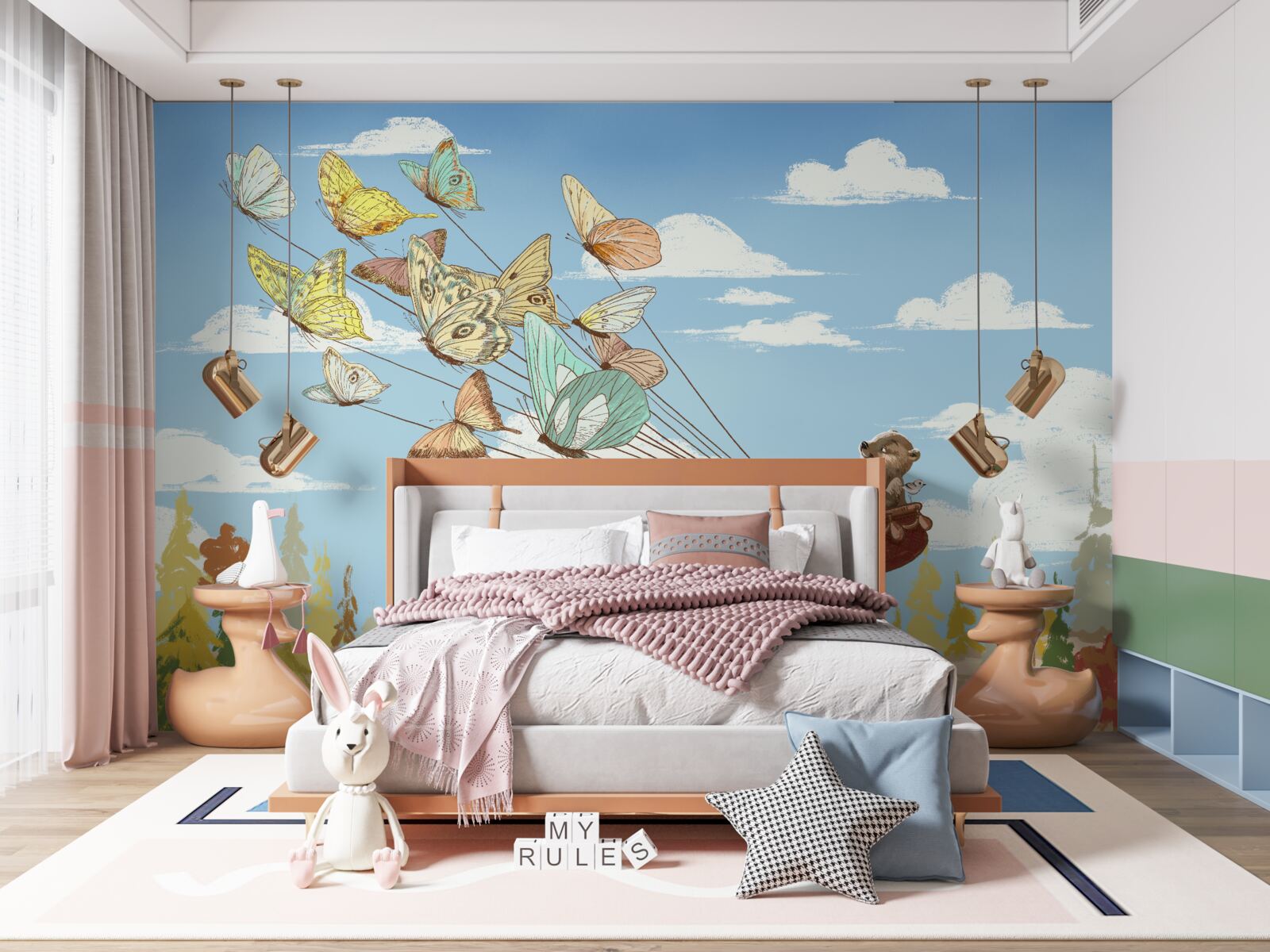 Fotobehang bosbewoners worden gedragen door vlinders