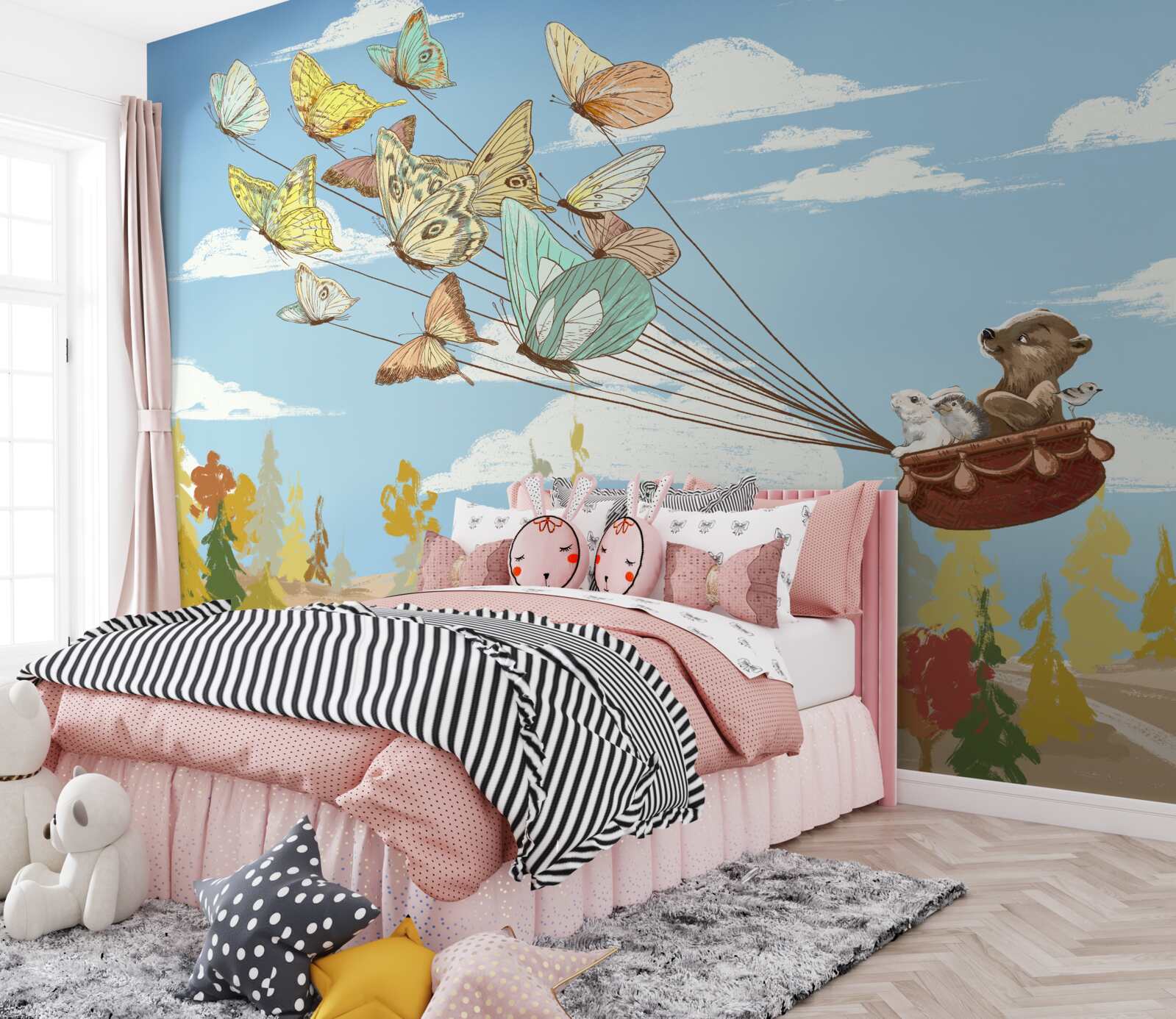 Fotobehang bosbewoners worden gedragen door vlinders