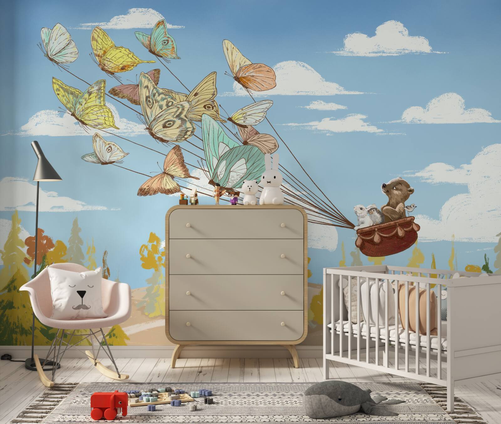 Fotobehang bosbewoners worden gedragen door vlinders