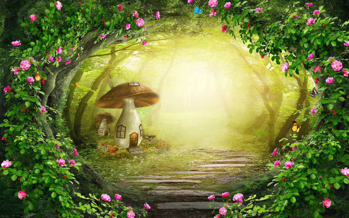 Fotobehang paddenstoelenhuisje bij zonsopgang in het bos