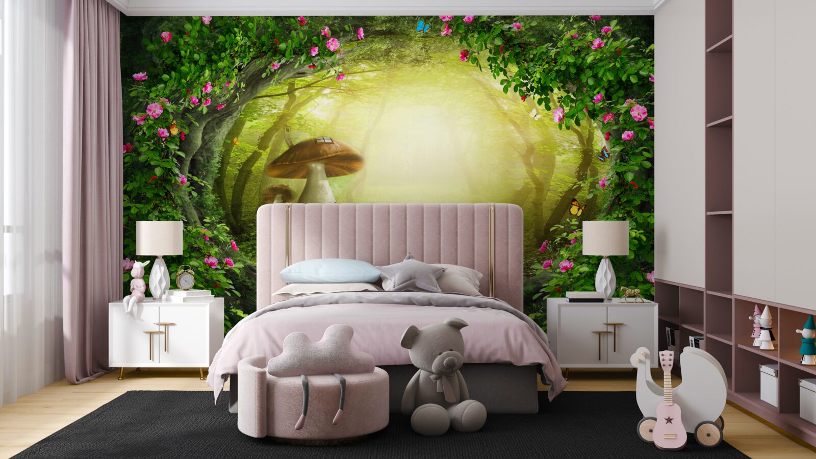 Fotobehang paddenstoelenhuisje bij zonsopgang in het bos