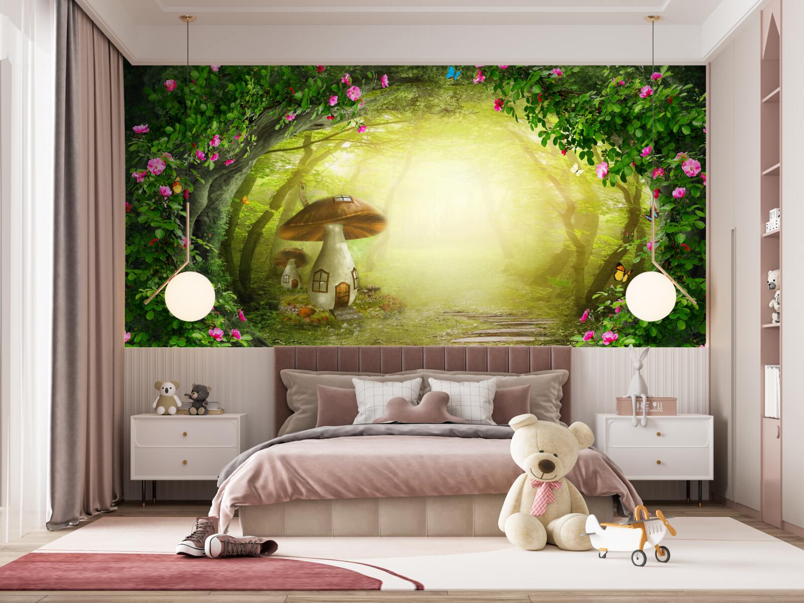 Fotobehang paddenstoelenhuisje bij zonsopgang in het bos