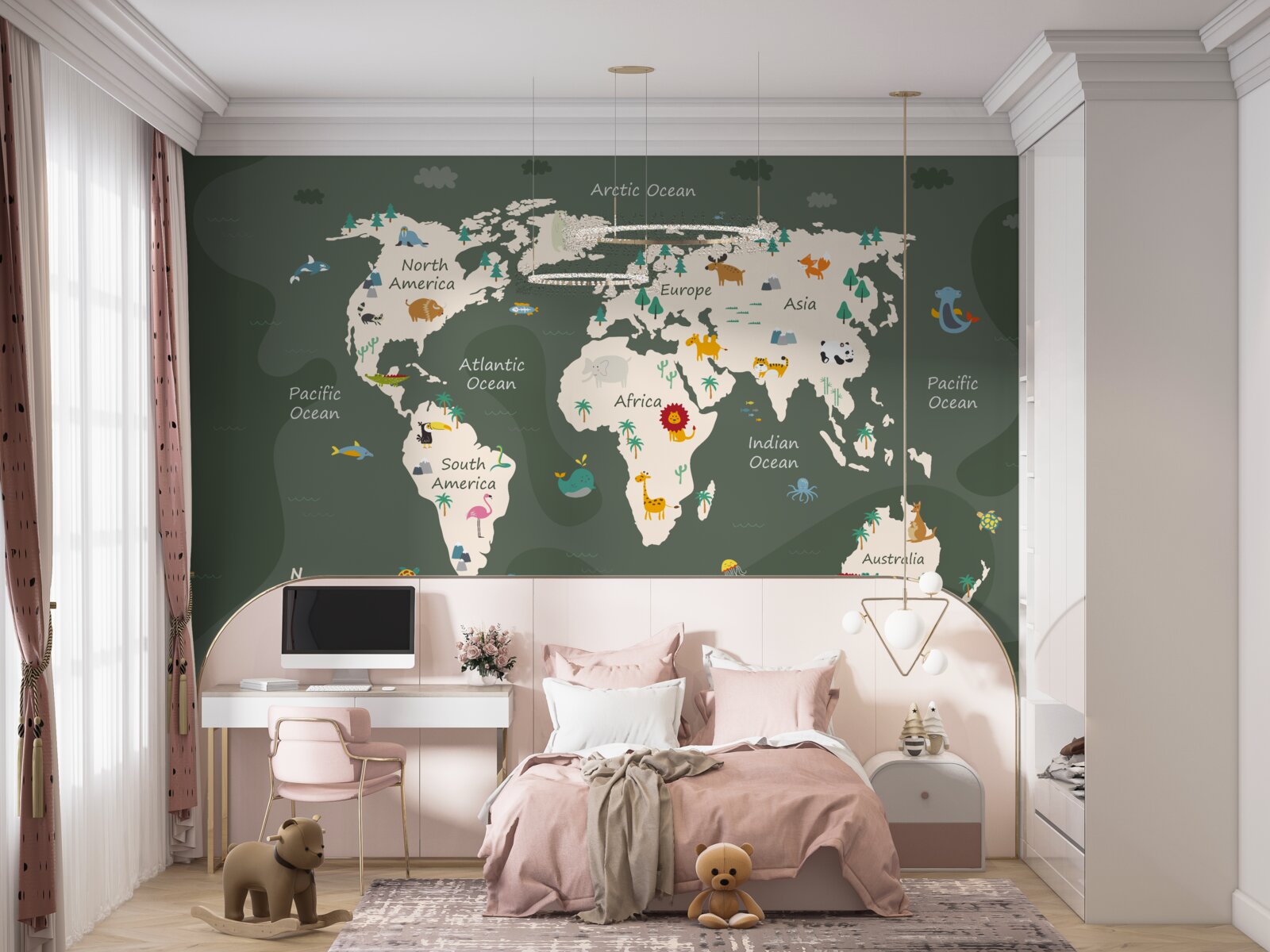 Fotobehang kaart van de wereld bij nacht met afbeeldingen van de belangrijkste dieren