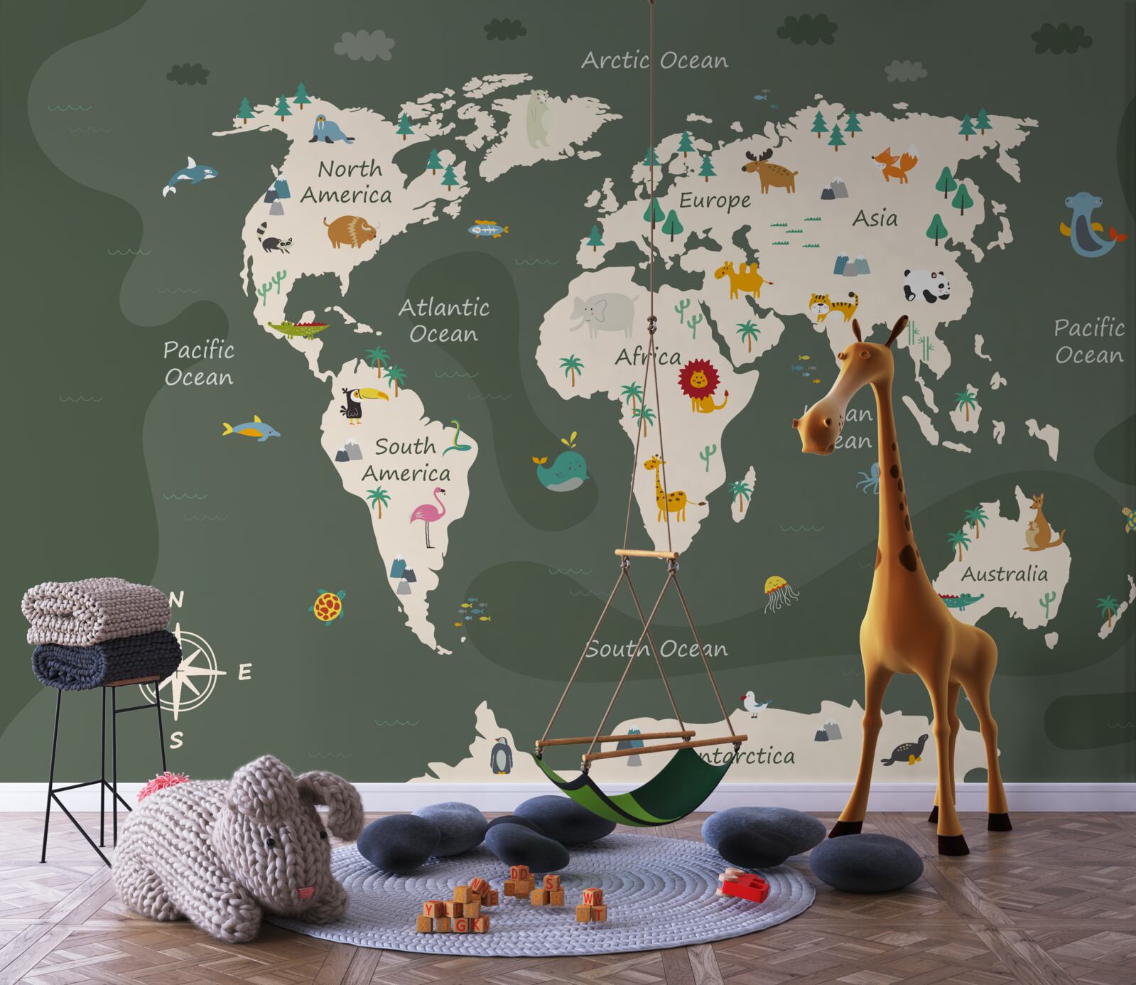 Fotobehang kaart van de wereld bij nacht met afbeeldingen van de belangrijkste dieren