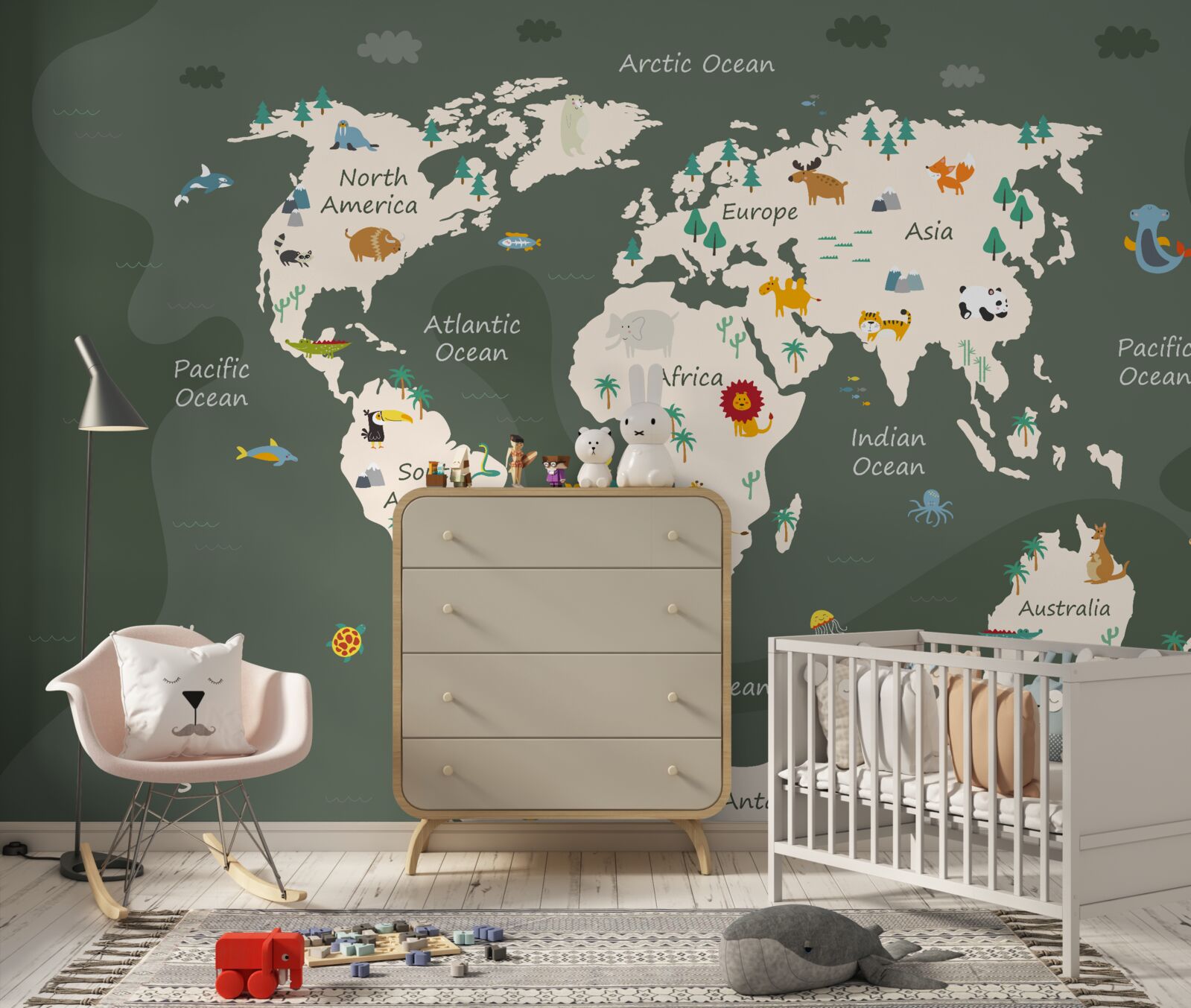 Fotobehang kaart van de wereld bij nacht met afbeeldingen van de belangrijkste dieren