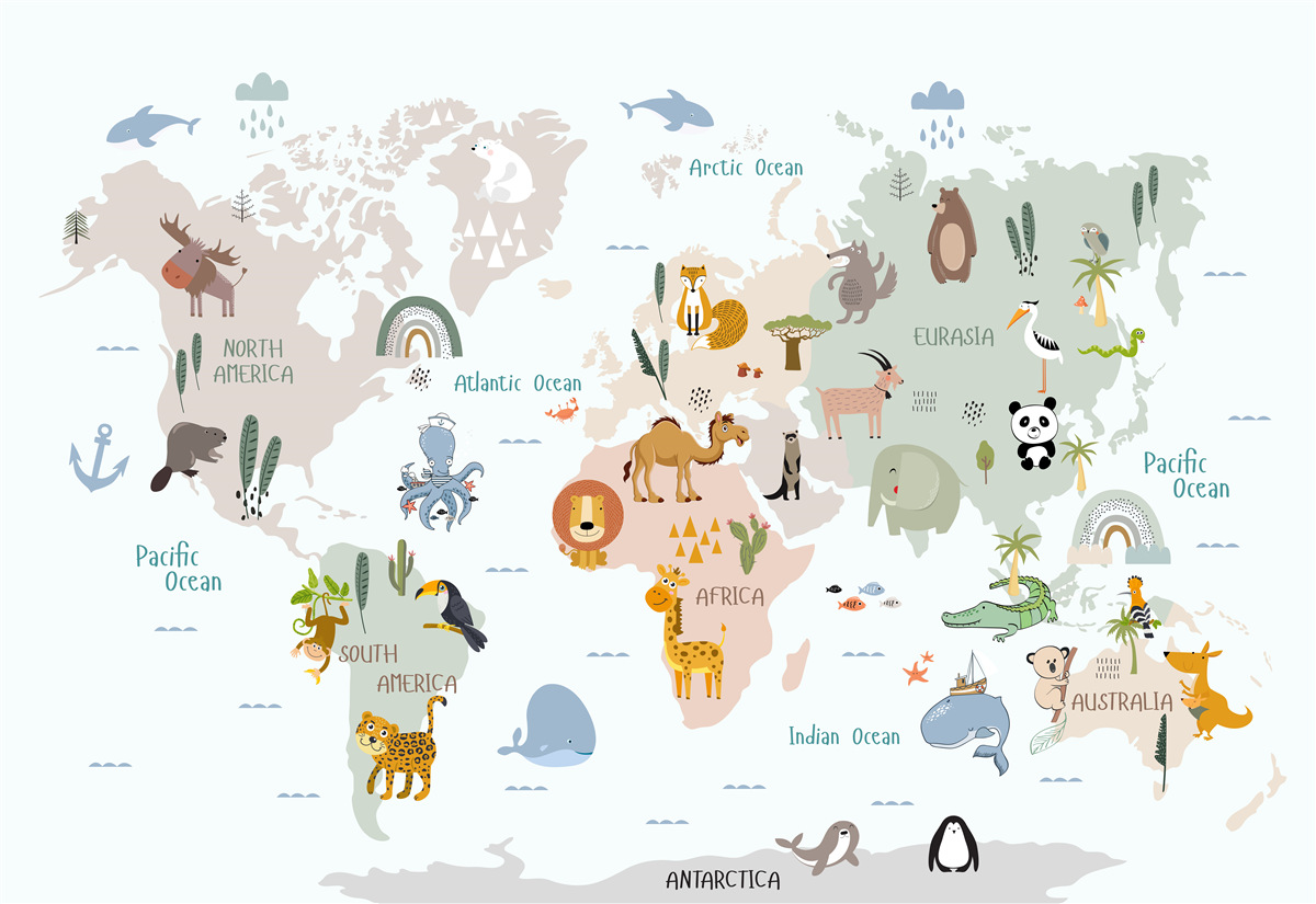 Fotobehang wereldkaart en vertegenwoordigers van de continenten