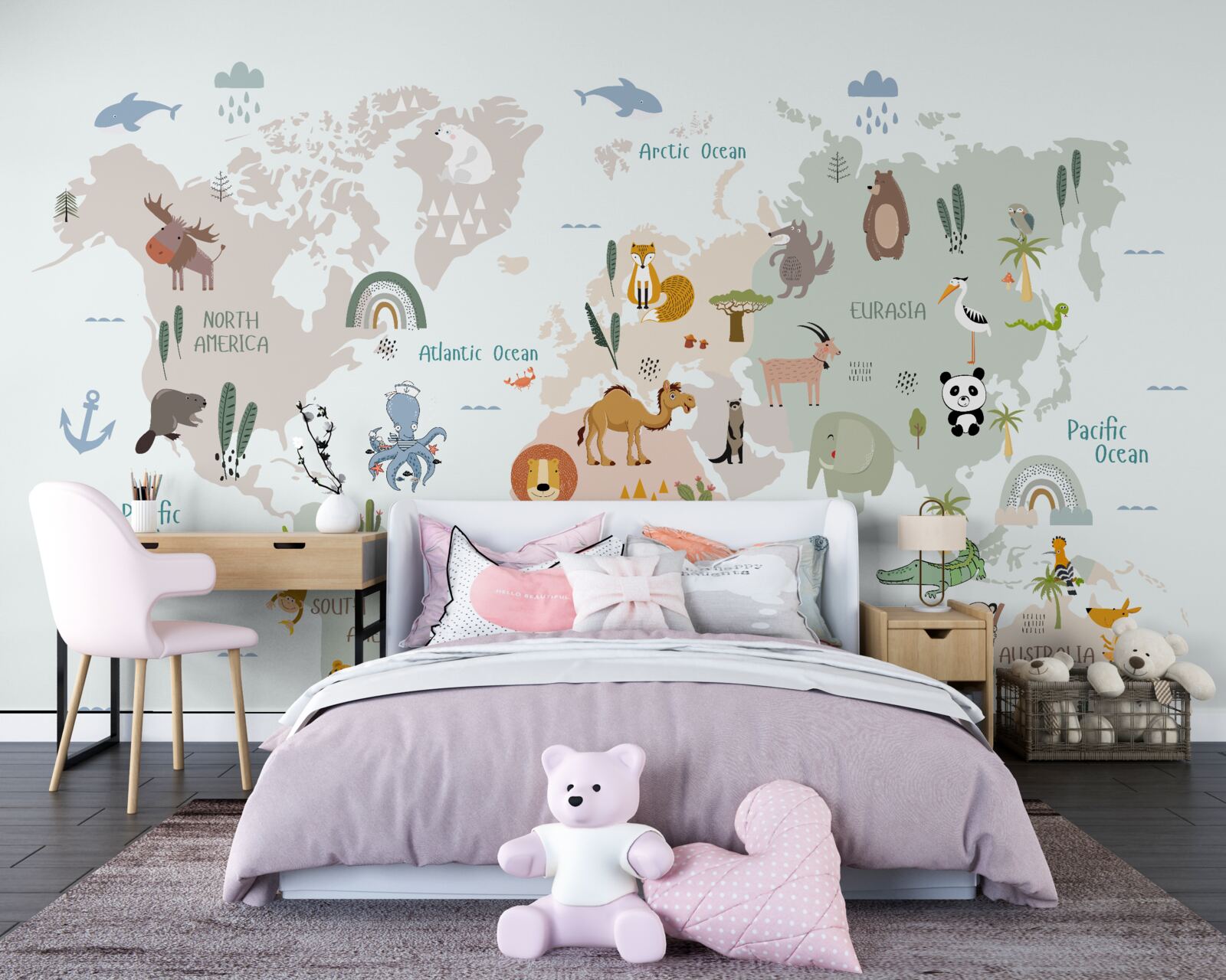 Fotobehang wereldkaart en vertegenwoordigers van de continenten