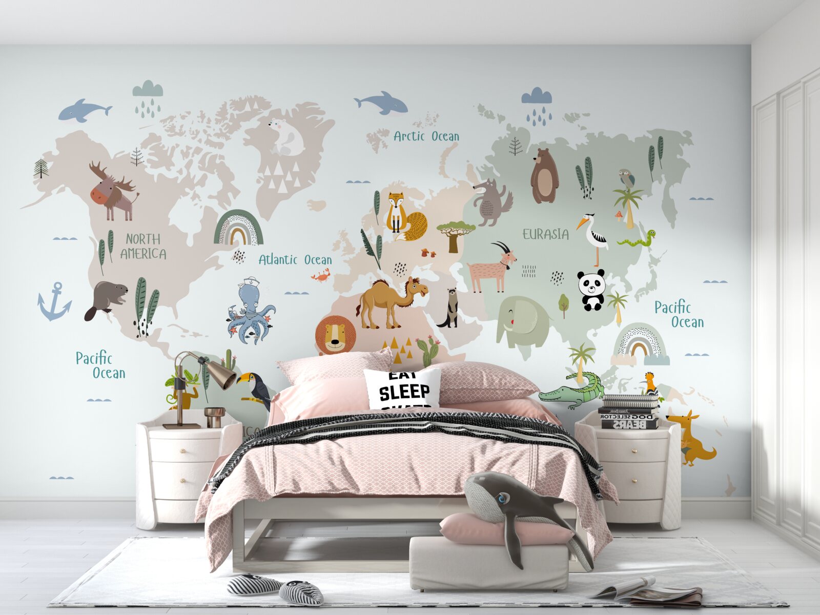 Fotobehang wereldkaart en vertegenwoordigers van de continenten