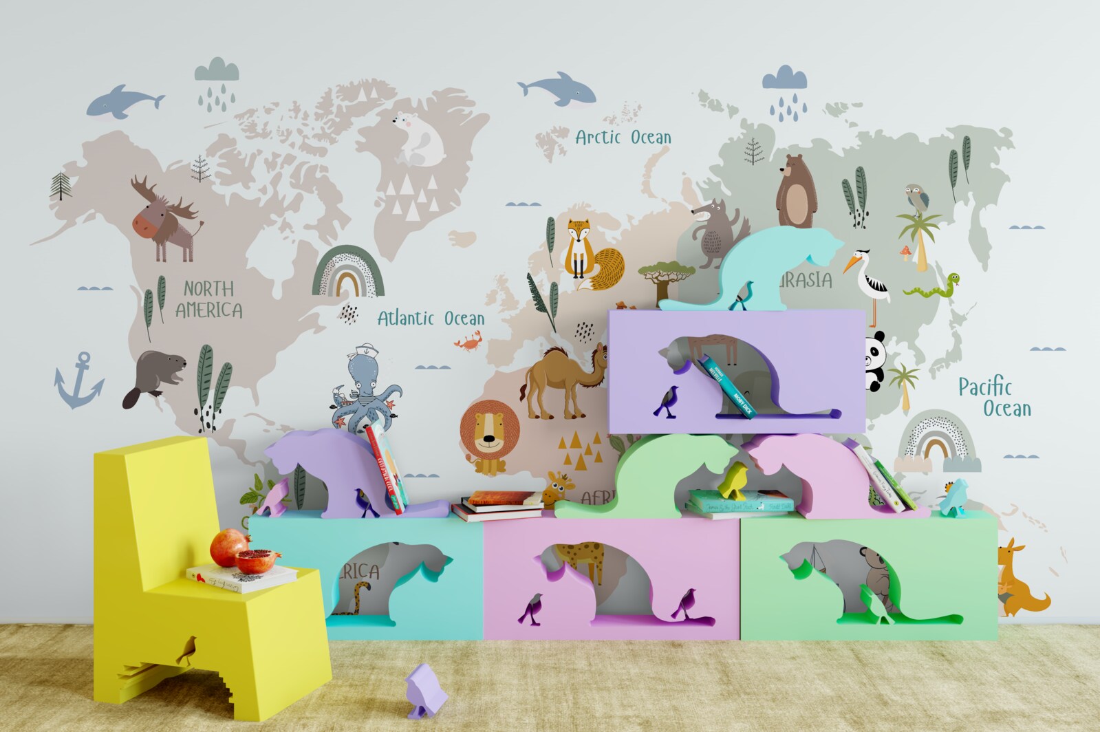 Fotobehang wereldkaart en vertegenwoordigers van de continenten