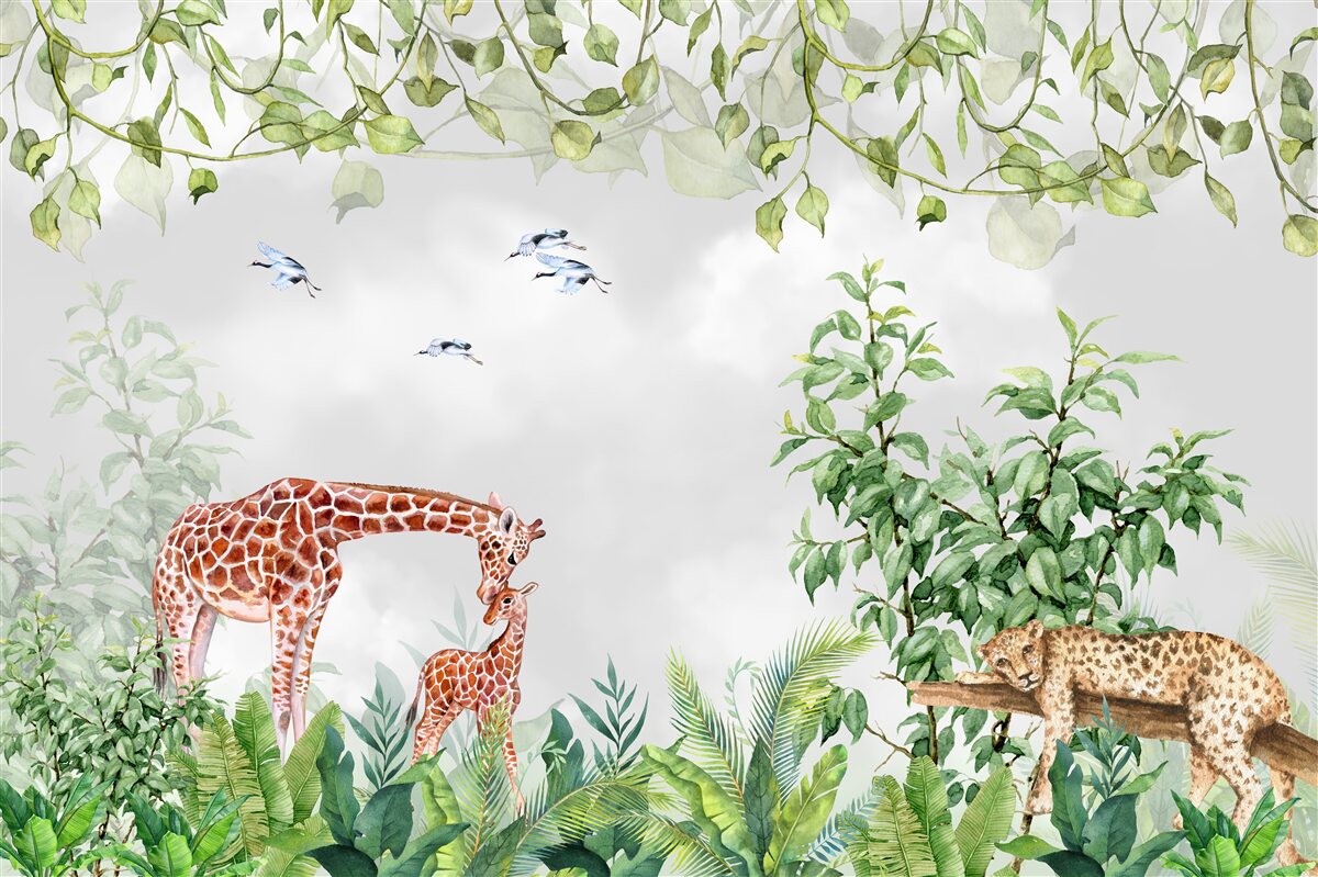 Fotobehang tijgers en een giraffe rusten uit in de jungle