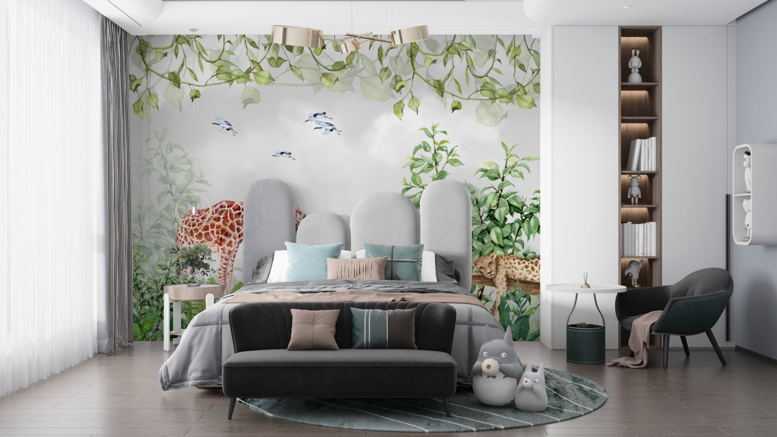 Fotobehang tijgers en een giraffe rusten uit in de jungle