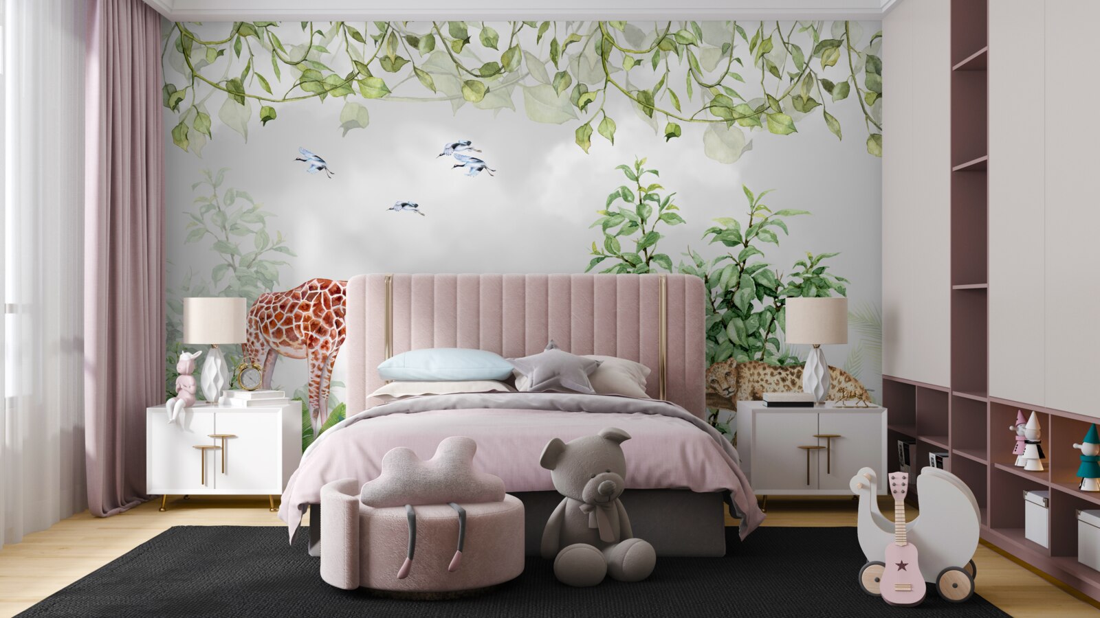 Fotobehang tijgers en een giraffe rusten uit in de jungle