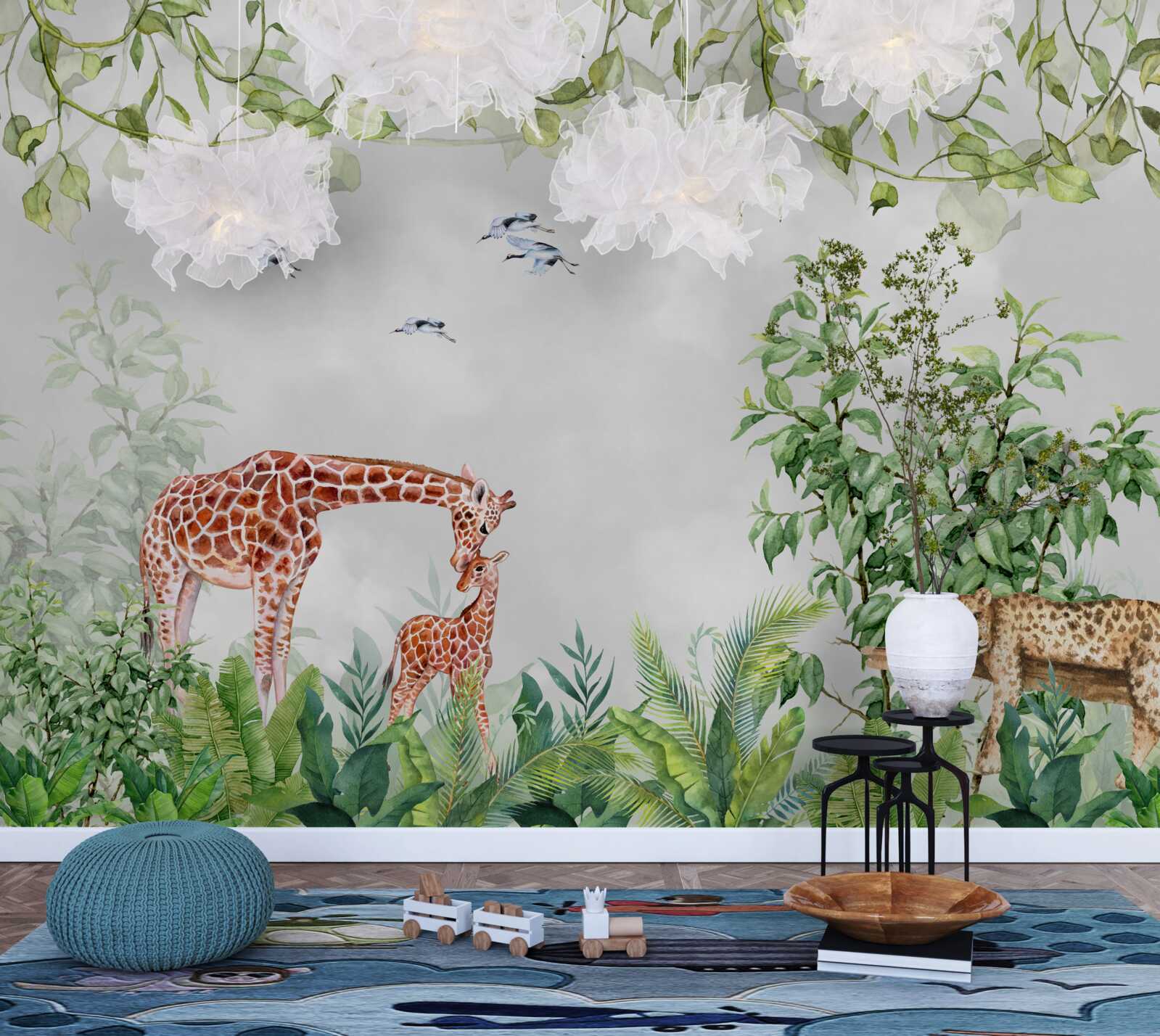 Fotobehang tijgers en een giraffe rusten uit in de jungle