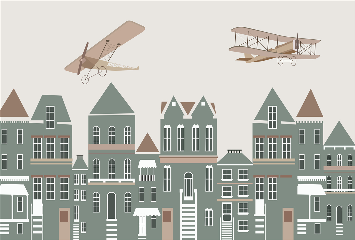 Fotobehang vliegtuigen zweven boven huizen