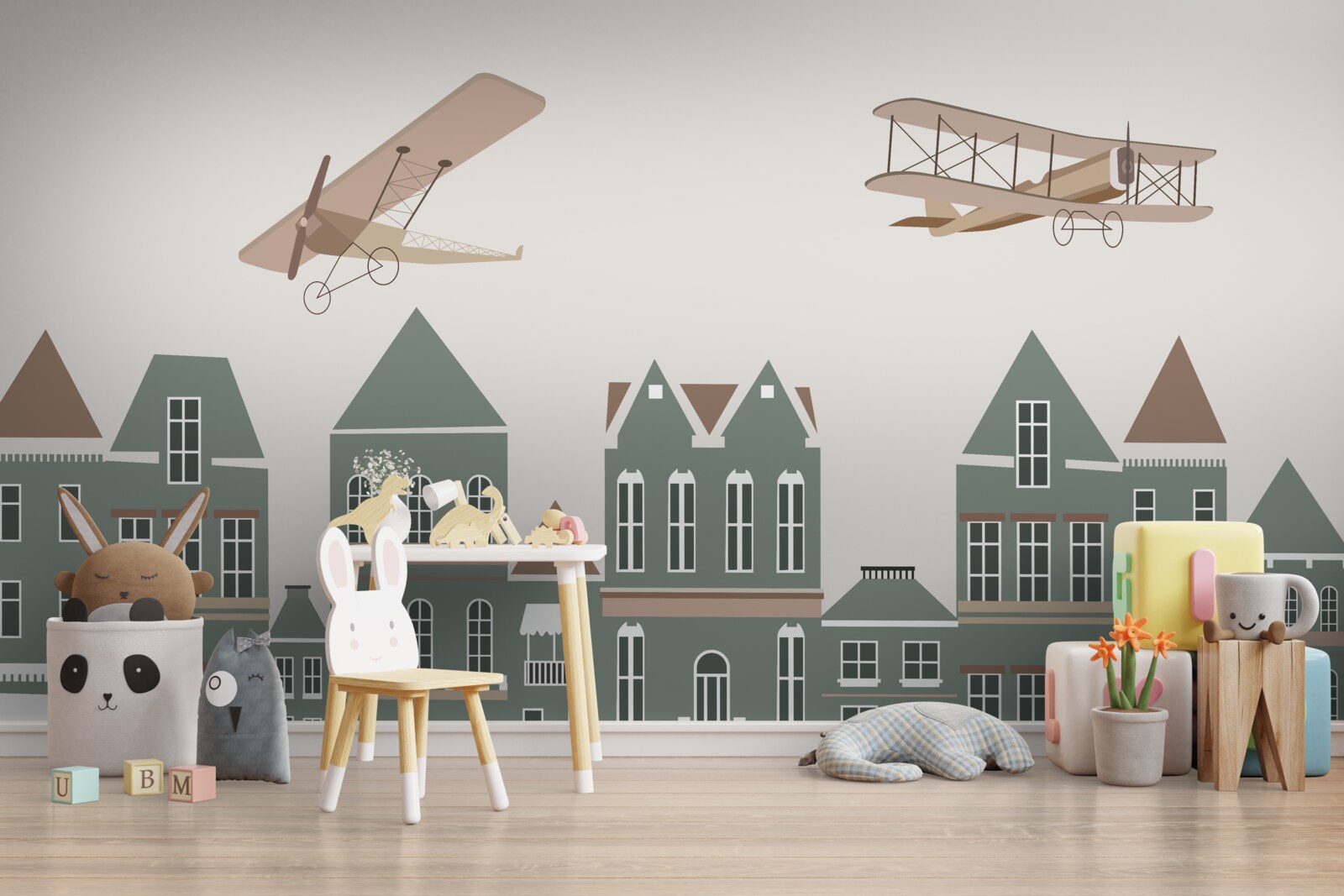 Fotobehang vliegtuigen zweven boven huizen