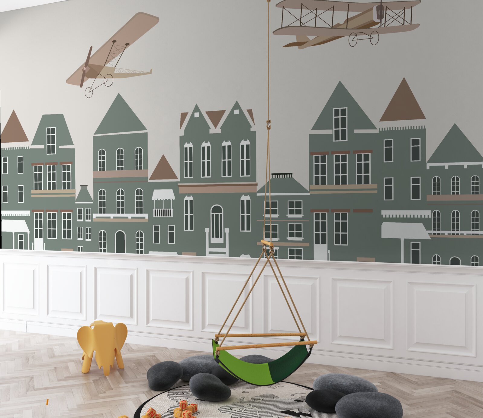 Fotobehang vliegtuigen zweven boven huizen