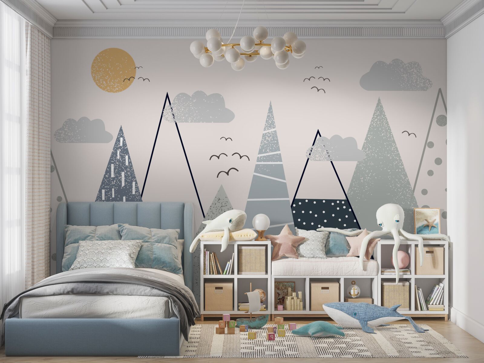 Fotobehang de zon verbergt zich achter de bergtoppen