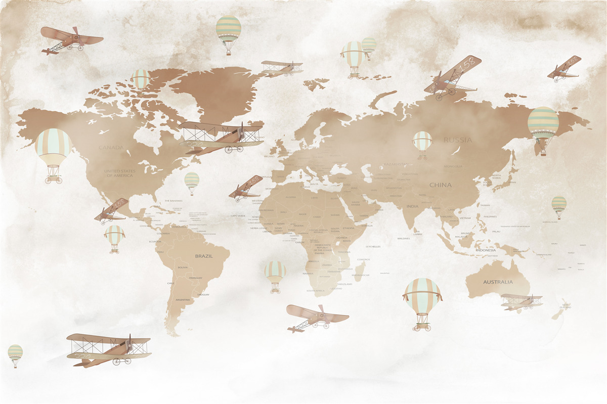 Fotobehang bruine wereldkaart met vliegtuigen afgebeeld