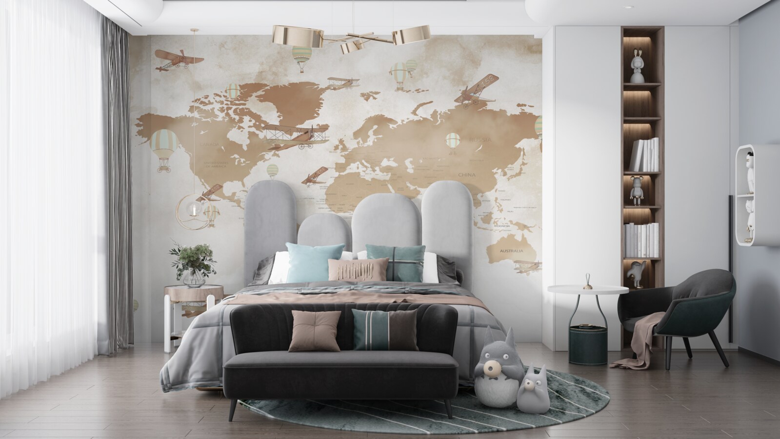 Fotobehang bruine wereldkaart met vliegtuigen afgebeeld