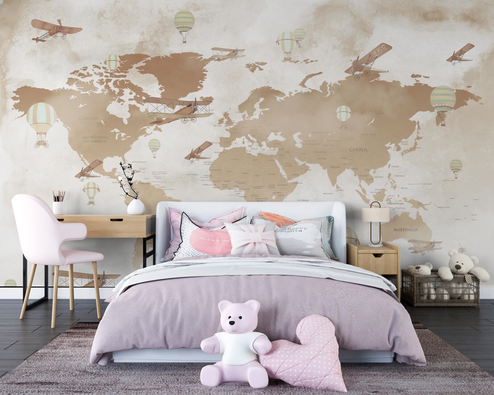 Fotobehang bruine wereldkaart met vliegtuigen afgebeeld