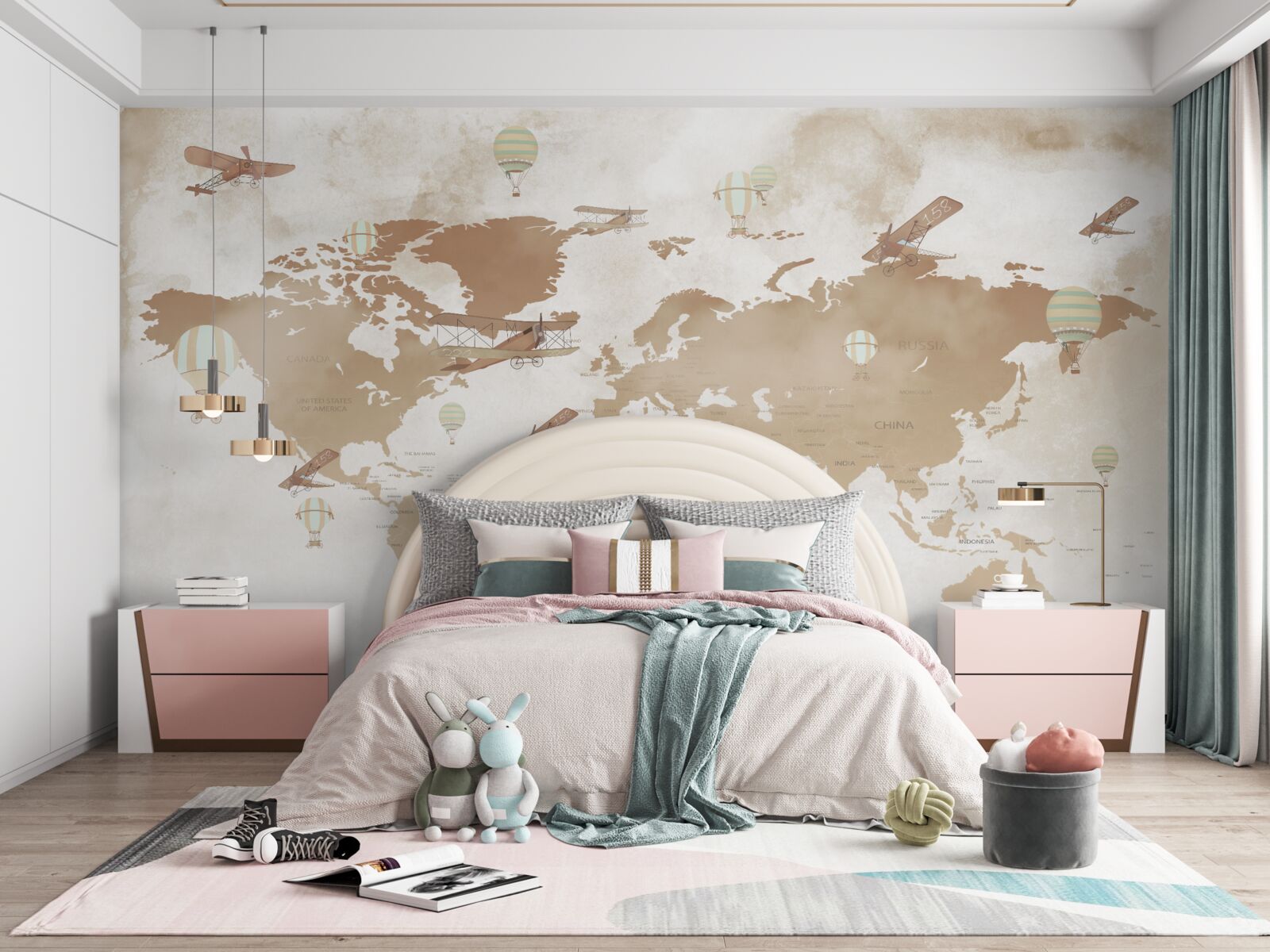 Fotobehang bruine wereldkaart met vliegtuigen afgebeeld