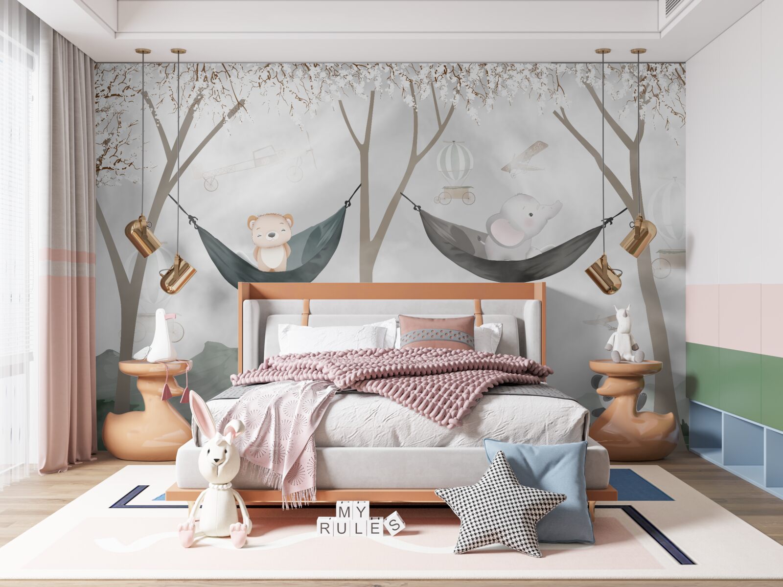 Fotobehang jonge bosbewoners in de buurt van bomen