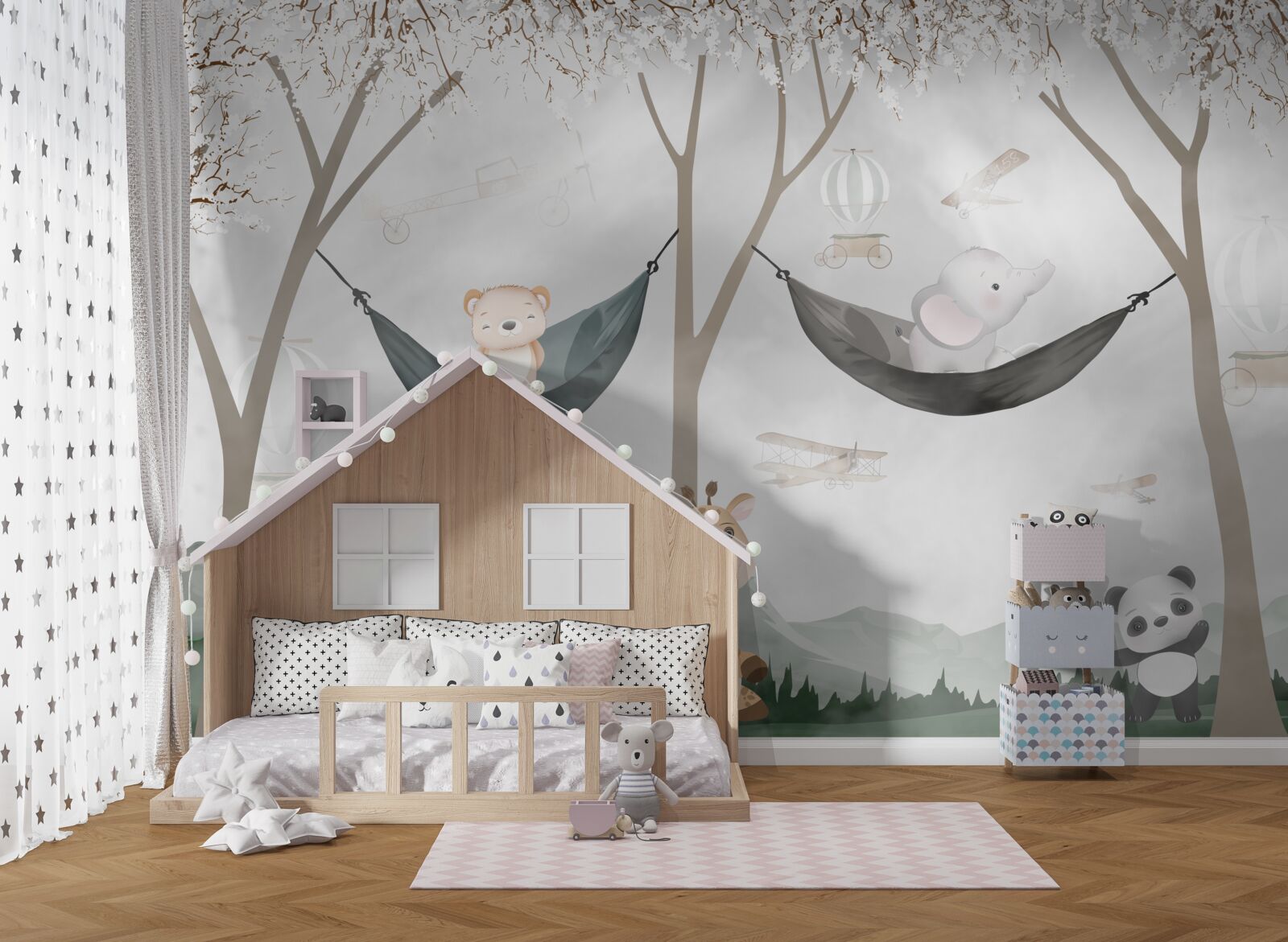 Fotobehang jonge bosbewoners in de buurt van bomen