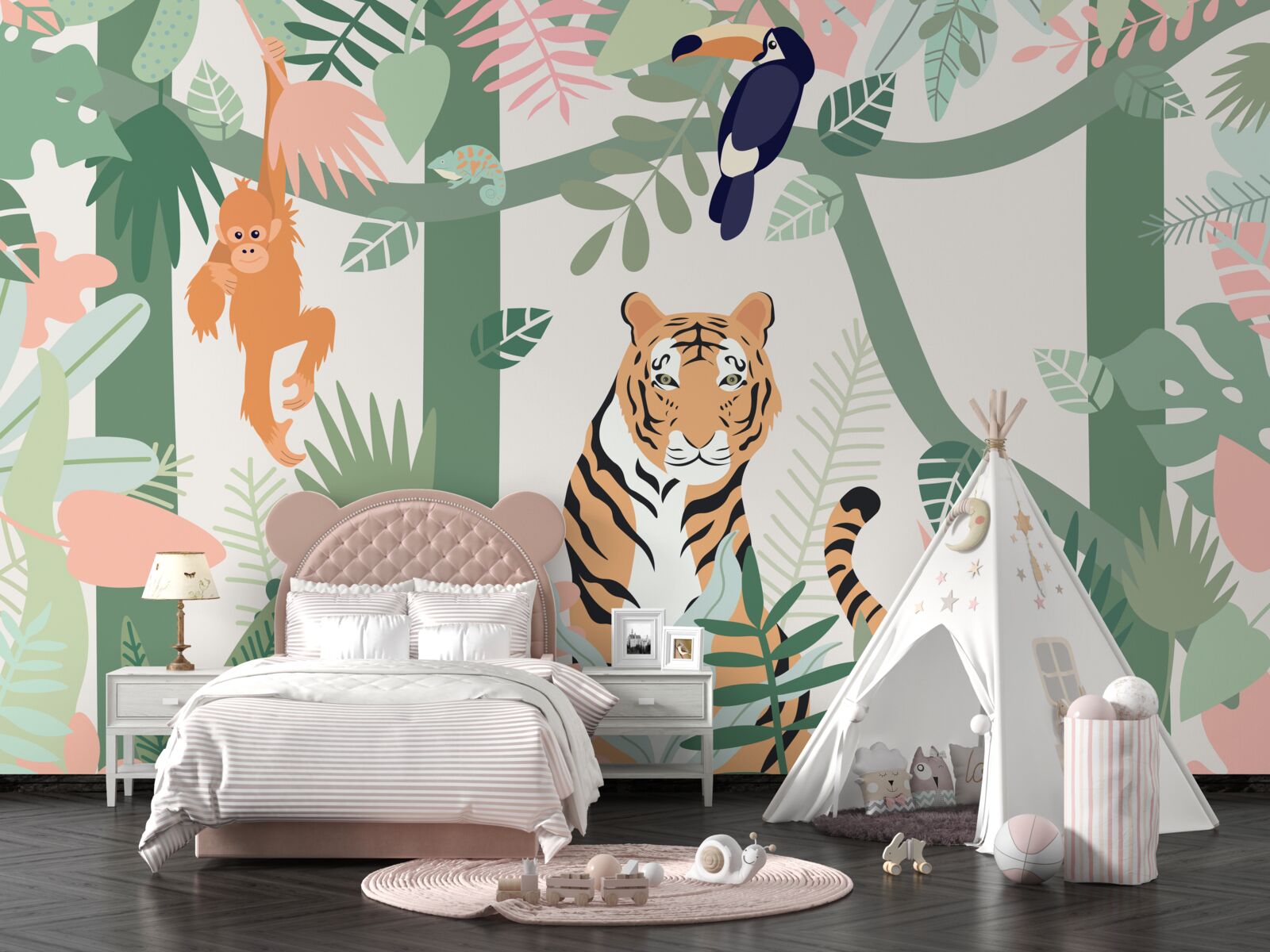 Fotobehang tijger en zijn vrienden in het bos