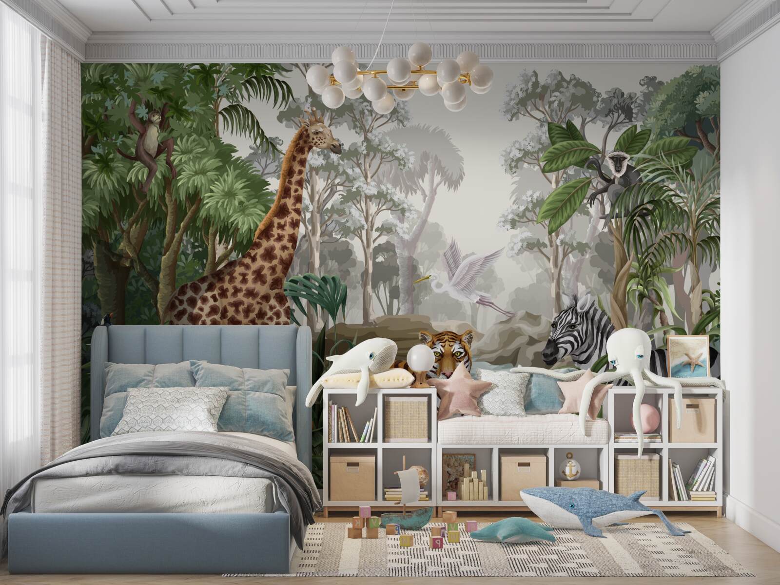 Fotobehang Giraffe, tijger en zebra in het regenwoud